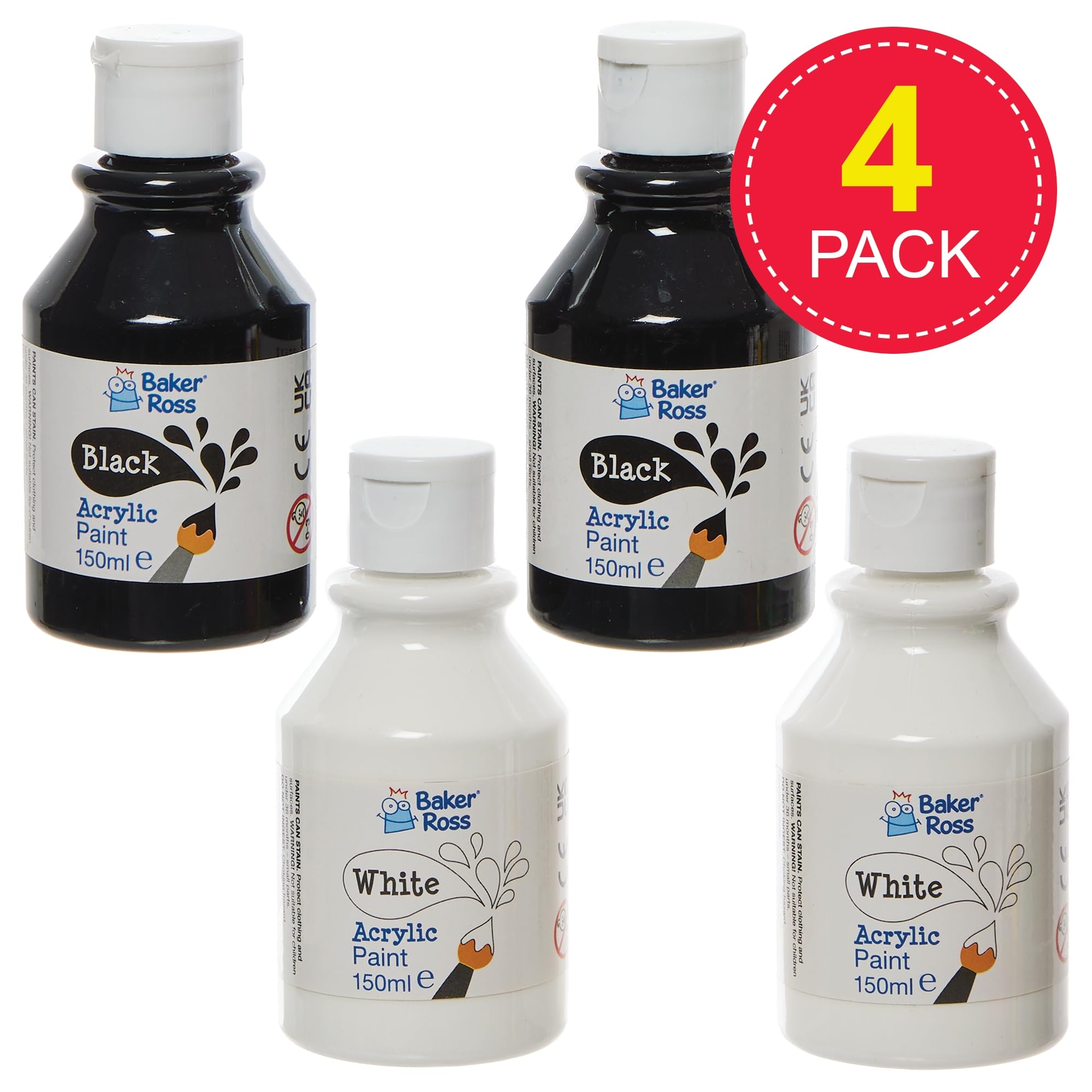Baker Ross Black & White Acrylic Paint Pack - 4 x 150ml Bottles, Water-Based Washable Paint 2