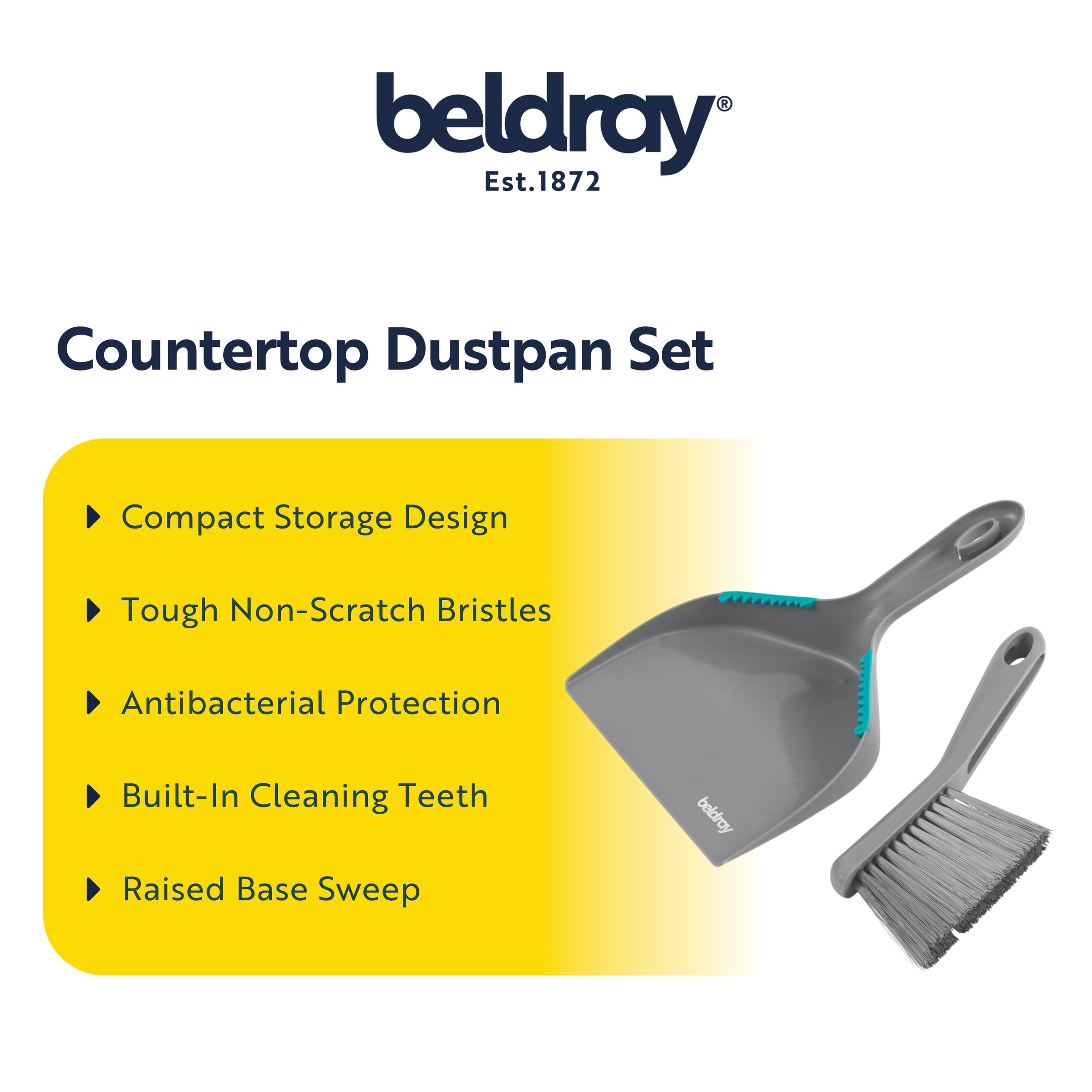 Beldray Antibac Countertop Dustpan & Brush Set - Compact Storage, Grey & Turquoise 2