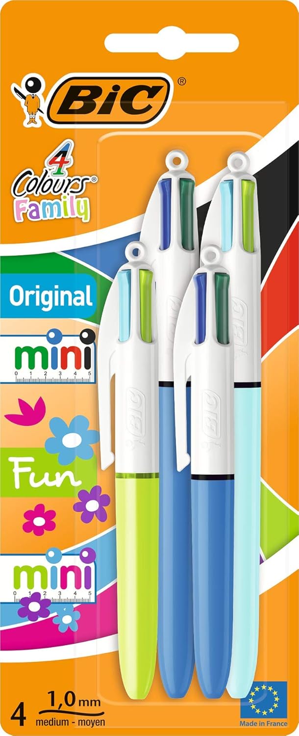 BIC 4 Colours Family Pen Pack of Retractable Ballpoint Pens with Four Ink Colours, Set of 4 (2 Mini, 2 Original) 1