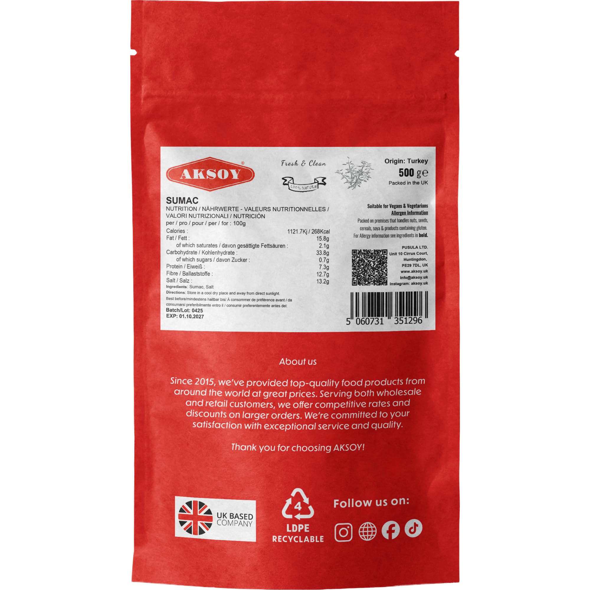 AKSOY Ground Sumac - 500g Natural Tangy Spice for Middle Eastern Cooking