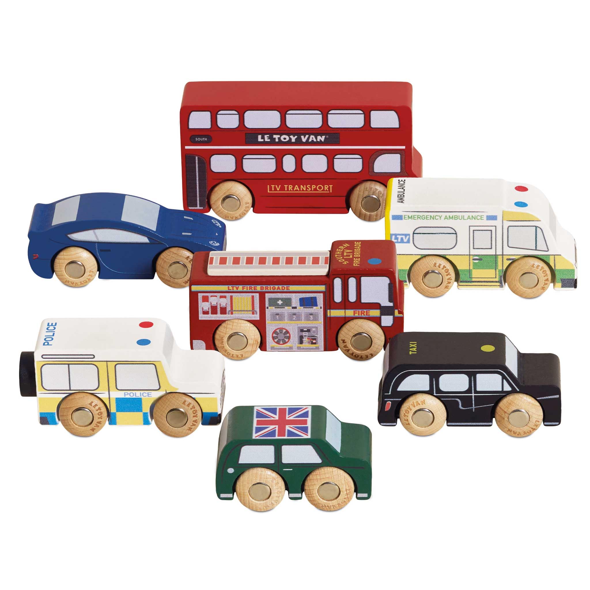 Le Toy Van Iconic Wooden London Themed Toy Car Play Set - 7 Pieces | Train Track Compatible