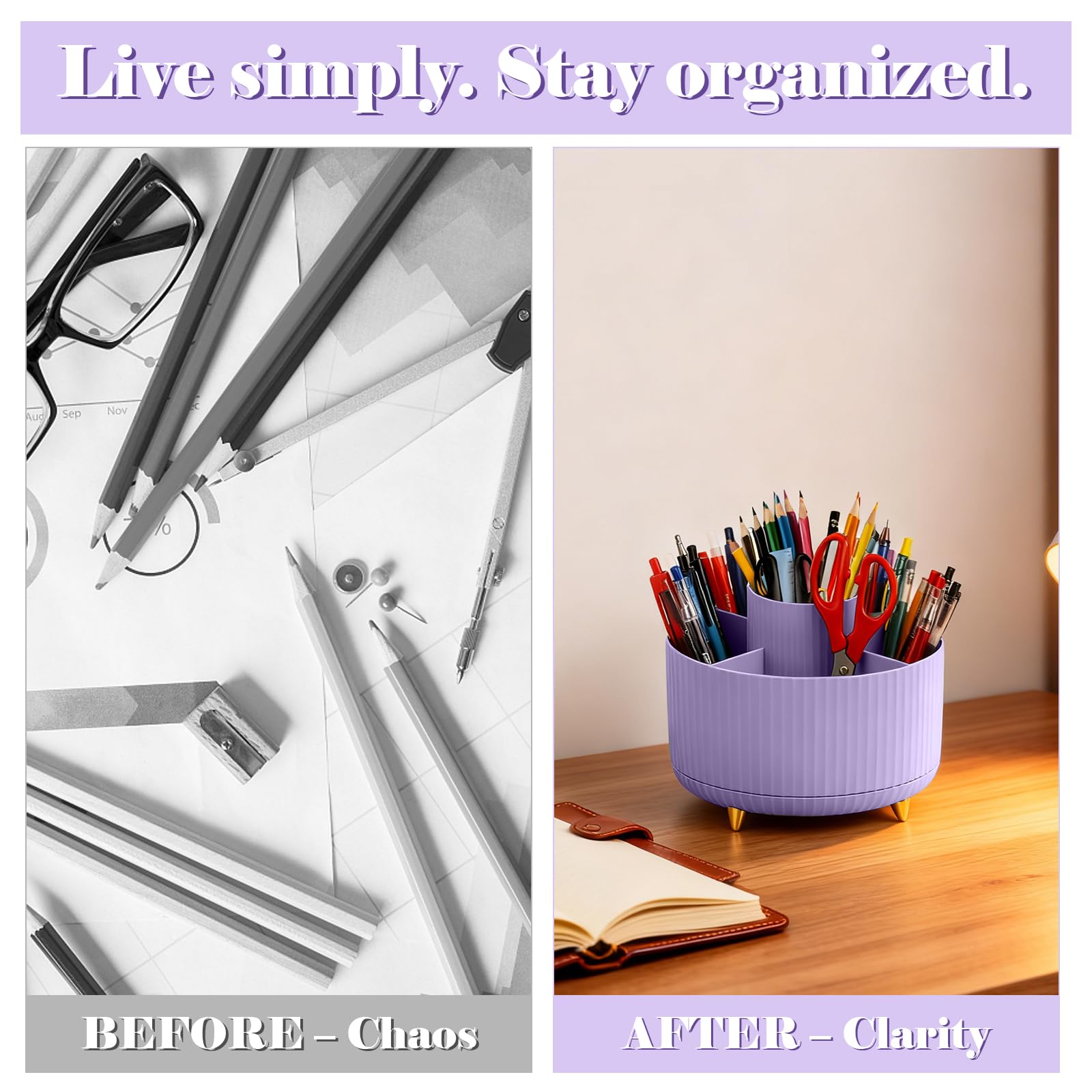 Lychico Desk Organiser - 360° Rotating Pencil Cup with 5 Compartments | Plastic | Purple 6