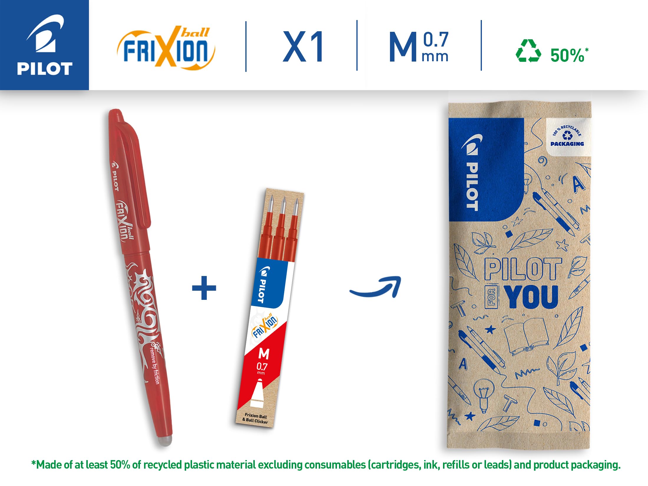 PILOT Frixion Ball 0.7 Erasable Rollerball Pen - Medium Point, Red Ink | Pack of 1 Pen + 3 Refills