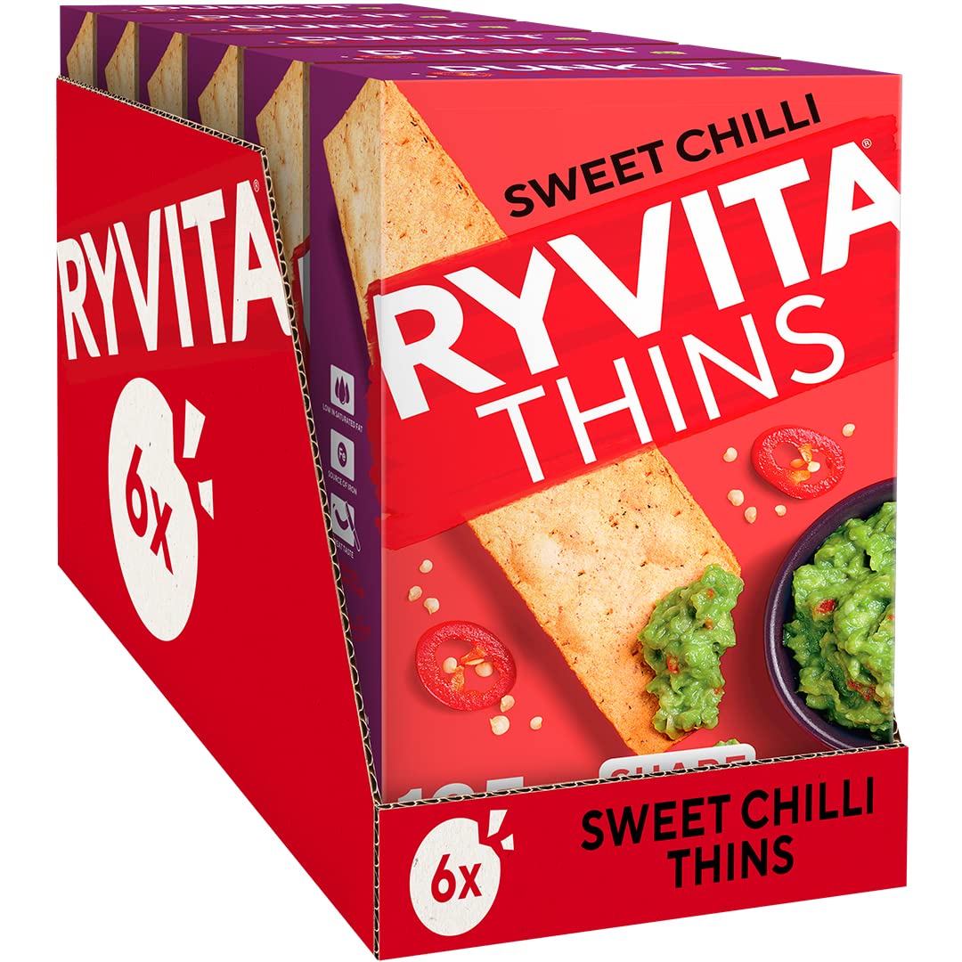 Ryvita Sweet Chilli Thins Flatbreads - Source of Fibre | 6 x 125g Packs | Made in the UK