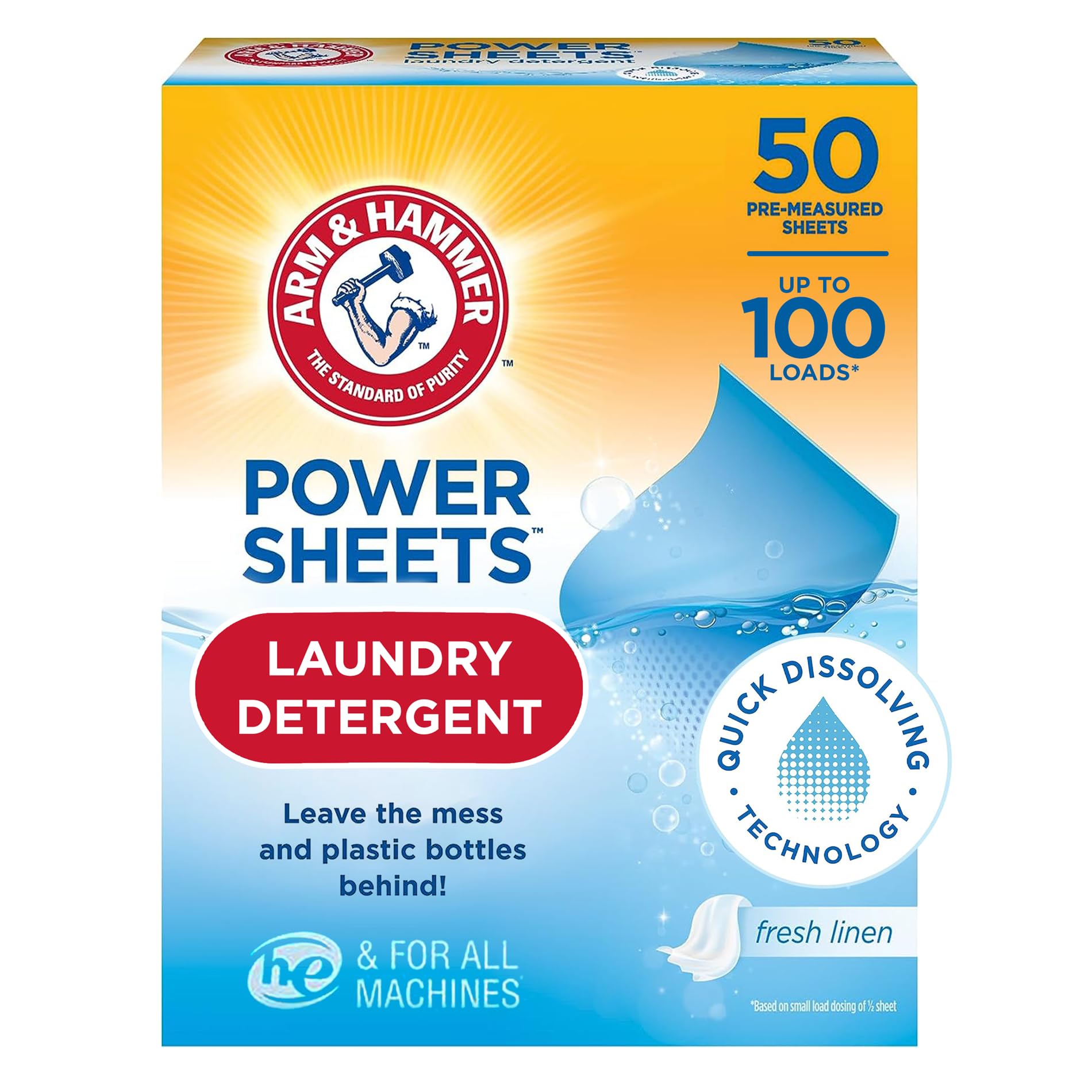 Arm & Hammer Power Sheets Laundry Detergent - Fresh Linen Scent | 50 Count | Biodegradable