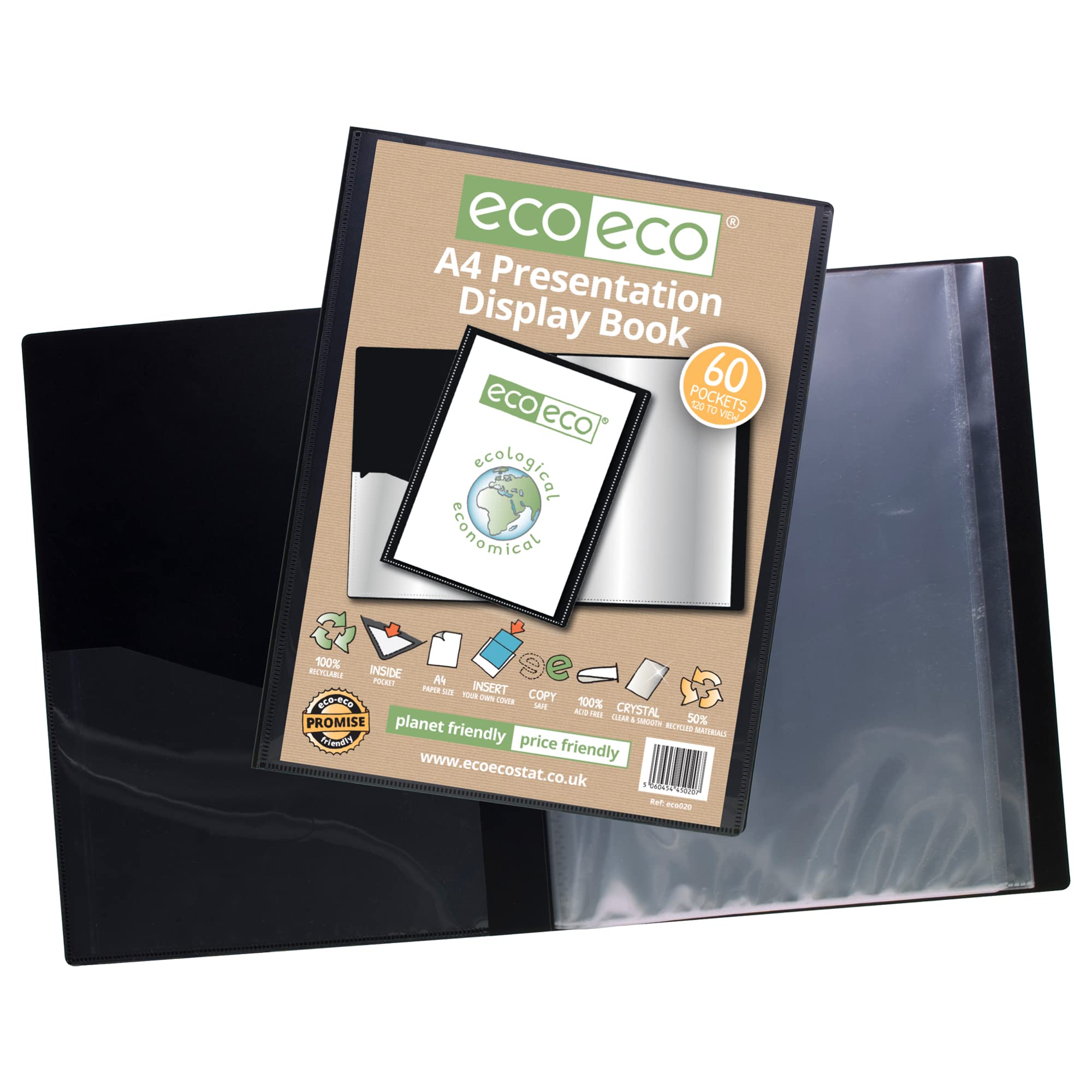eco-eco A4 Presentation Display Book - 60 Pockets, 50% Recycled Material | Black