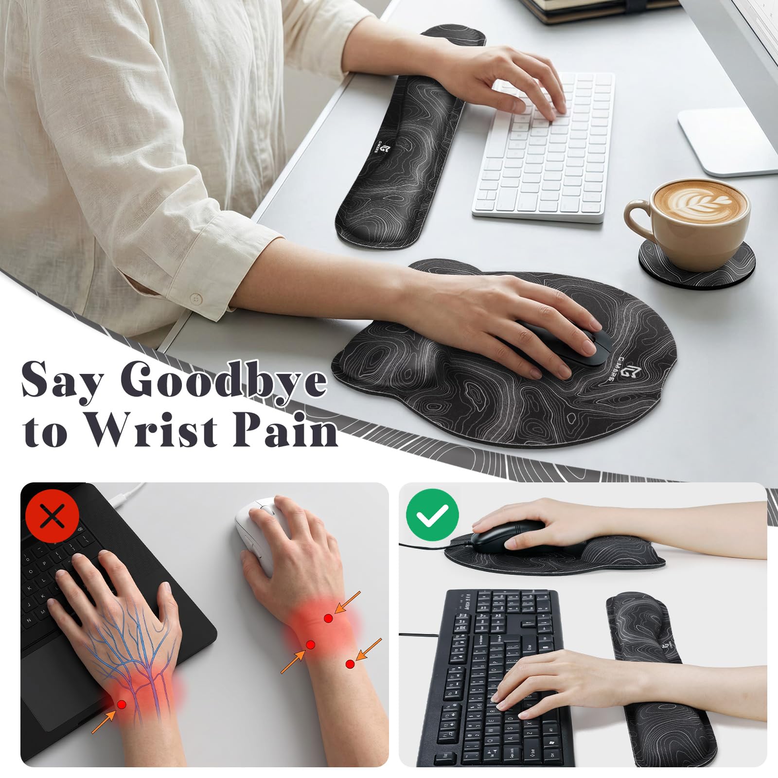 Gimars Ergonomic Mouse Pad & Keyboard Wrist Rest Set with Coaster | Gel Support | Map Color 3
