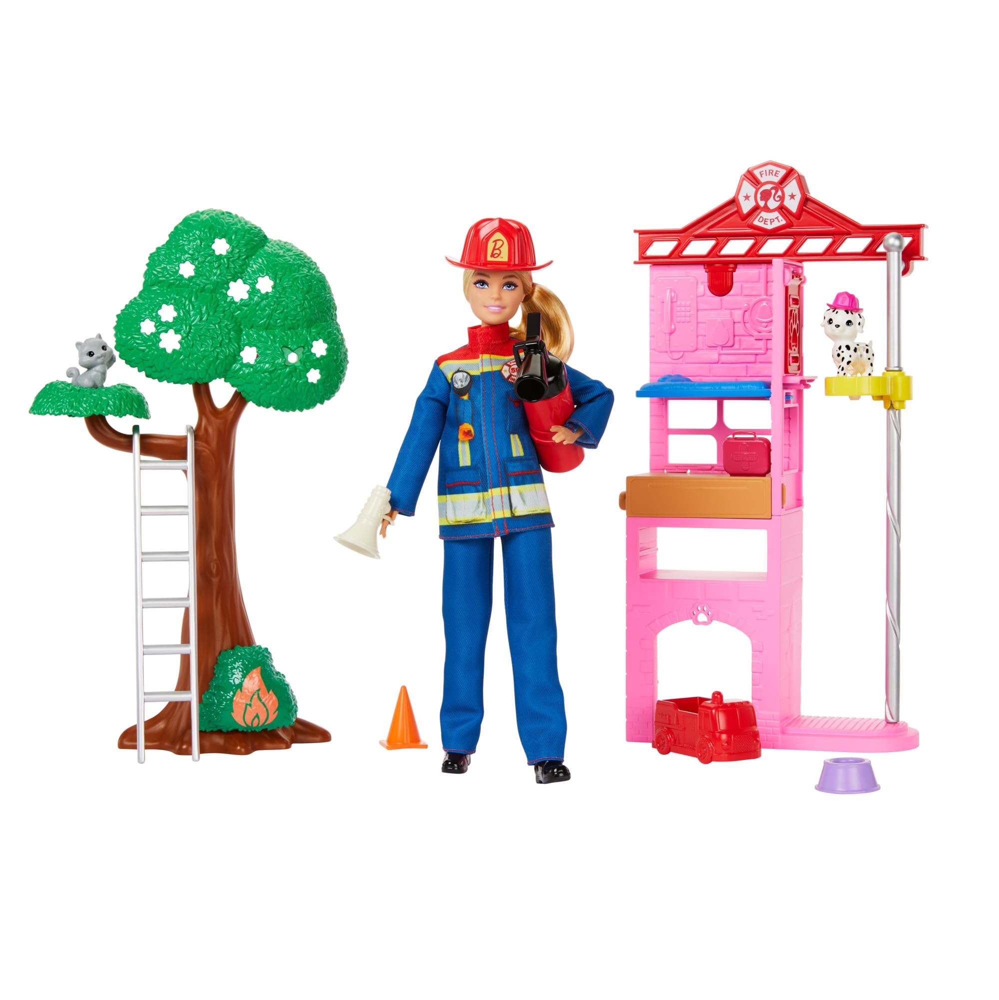 Barbie Careers Firefighter Doll & Playset with Fire Station, Tree, 2 Pets, 16-Piece Set for Kids 3+ 7