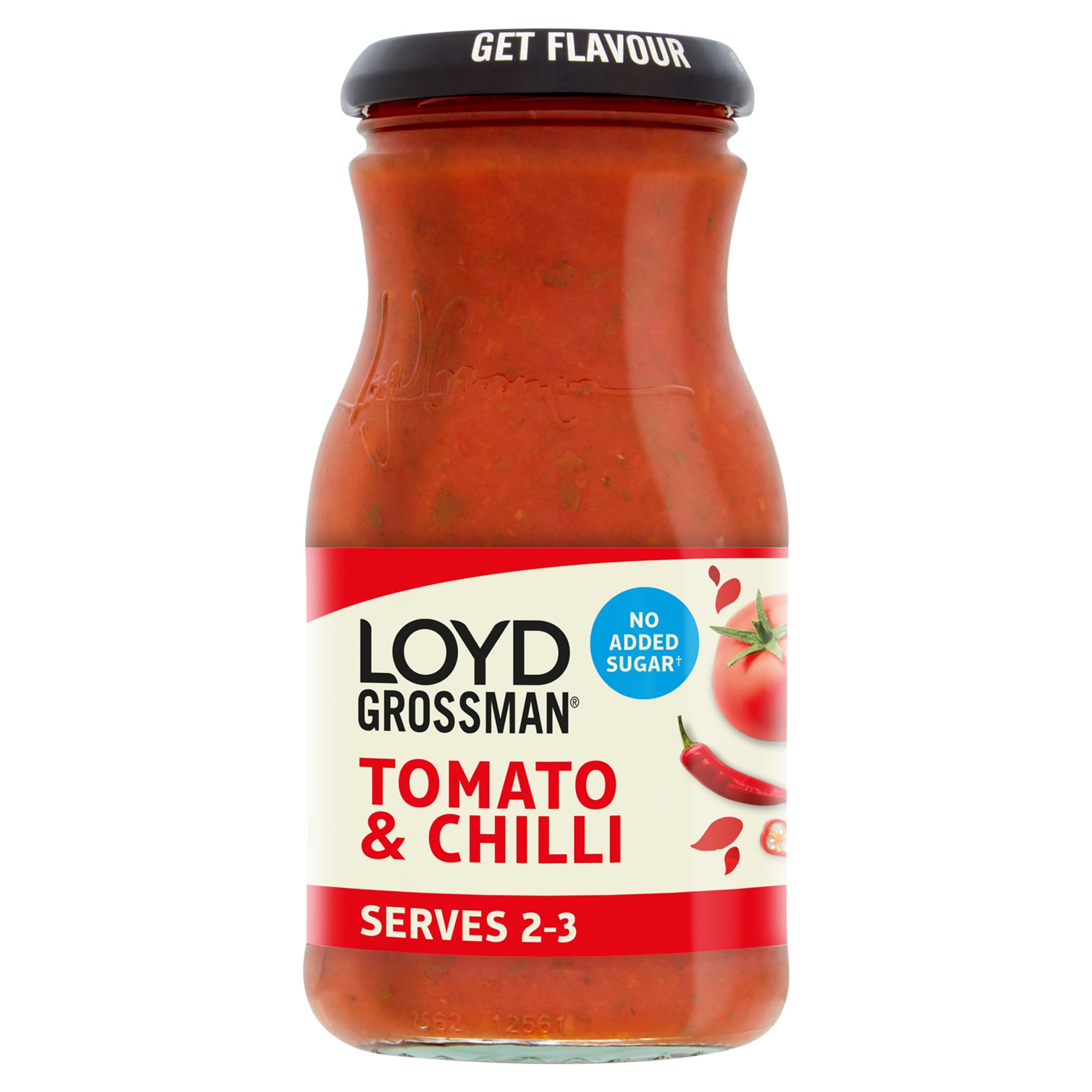Loyd Grossman Italienische Tomaten-Chili-Sauce ohne Zuckerzusatz – Mittelscharf, vegetarische Pastasauce, 350-g-Glas