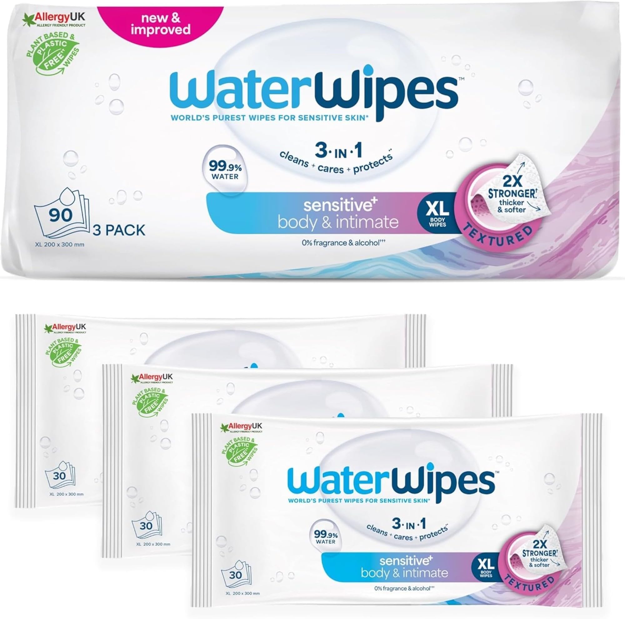WaterWipes Sensitive+ Body & Intimate Cleansing Wipes - 99.9% Purified Water | 90 Count (Pack of 3) 1
