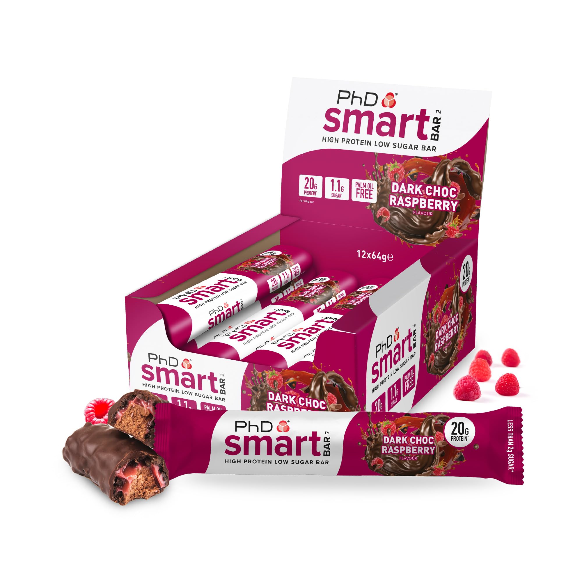 PhD Smart Protein Bar Low Sugar, Chocolate Raspberry Flavour, 21g Protein, 64g Bar (12 Pack) 7