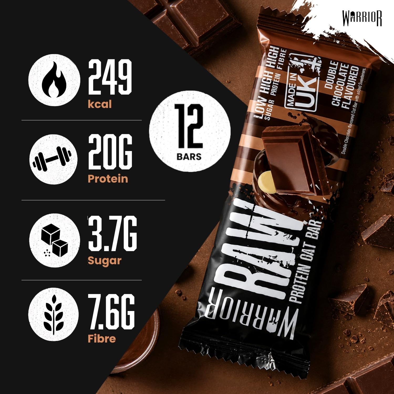 Warrior RAW Protein Bars - 20g High Protein, Low Sugar | Double Chocolate | 12 x 75g Pack 2