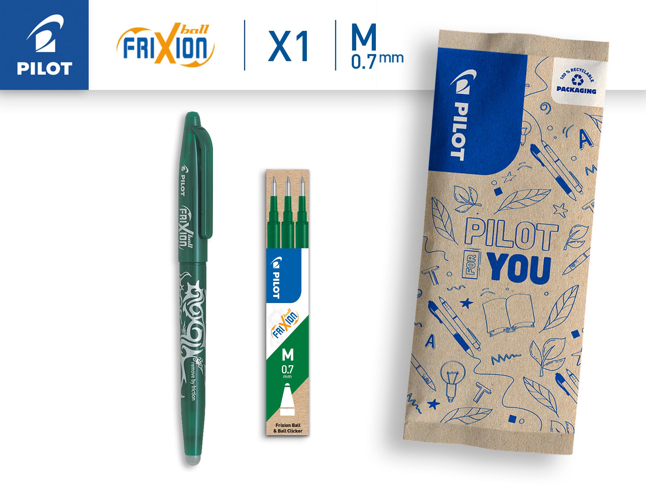 PILOT FriXion Ball Clicker Erasable Gel Rollerball Pen Set - Medium 0.7mm Tip, Green Ink