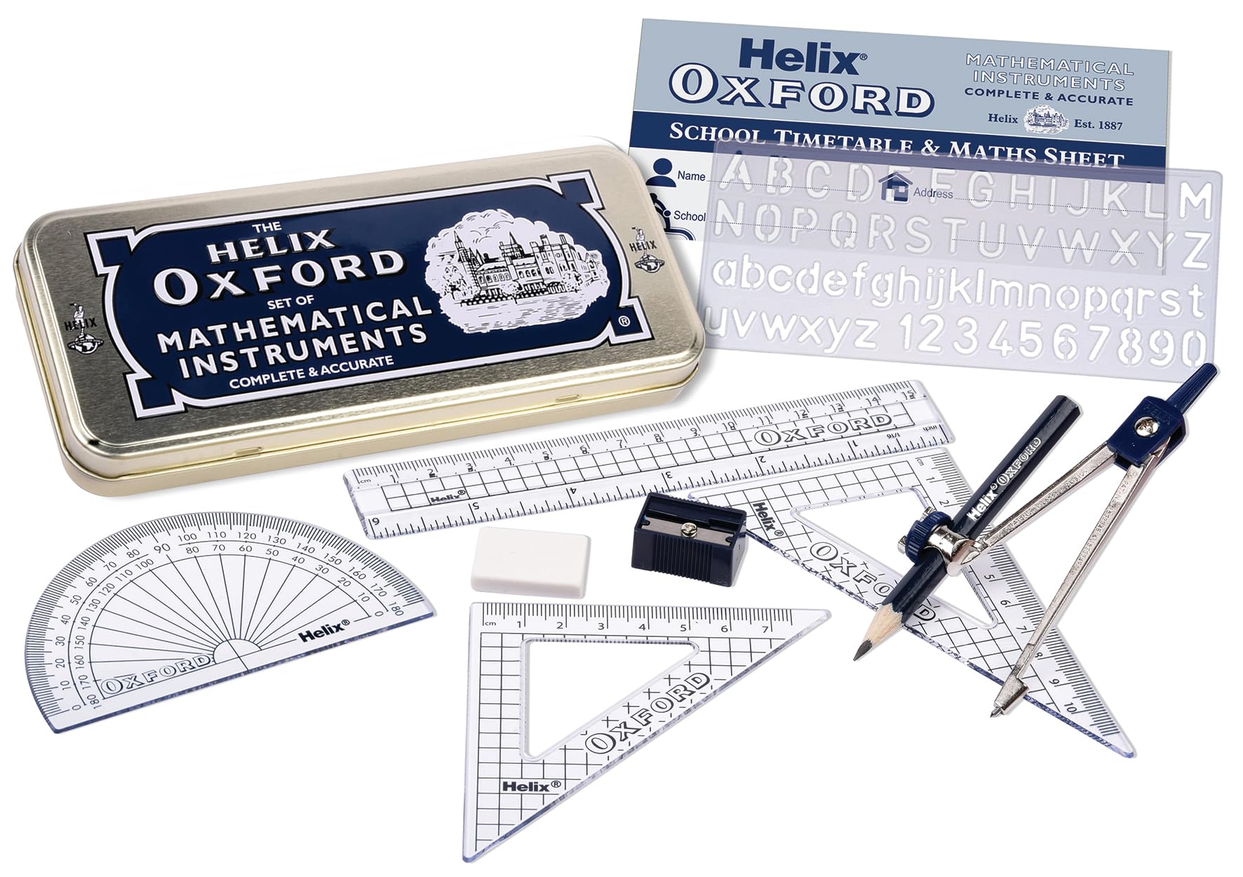 Helix Oxford Maths Set - 10 Piece Geometry Equipment with Storage Tin | Metal Compass | Ruler