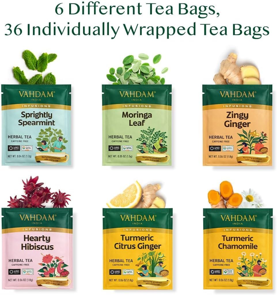 VAHDAM Herbal Tea Sampler - 36 Tea Bags, 6 Flavours, Caffeine-Free, Non-GMO