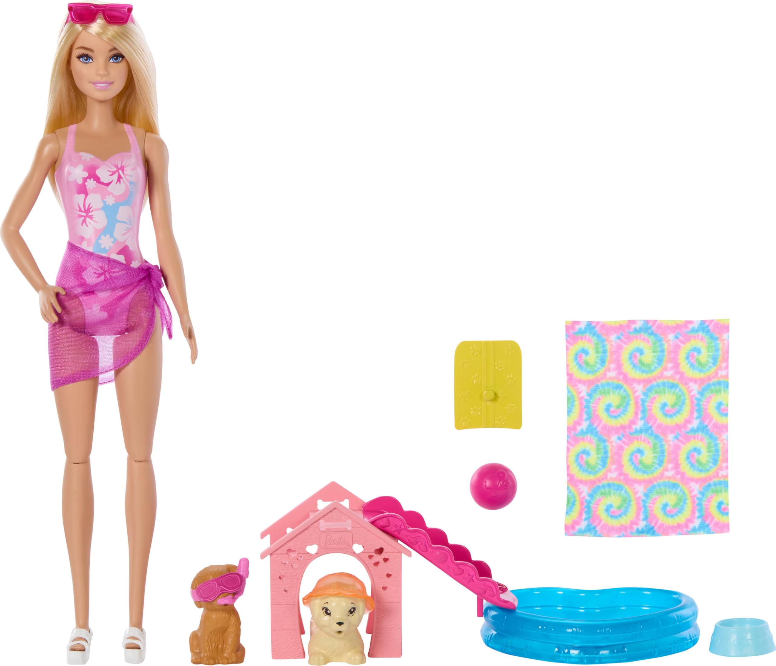 Barbie Puppy Pool Party Playset with Fashion Doll, 2 Pets, Doggy Slide & Color-Change Goggles 2