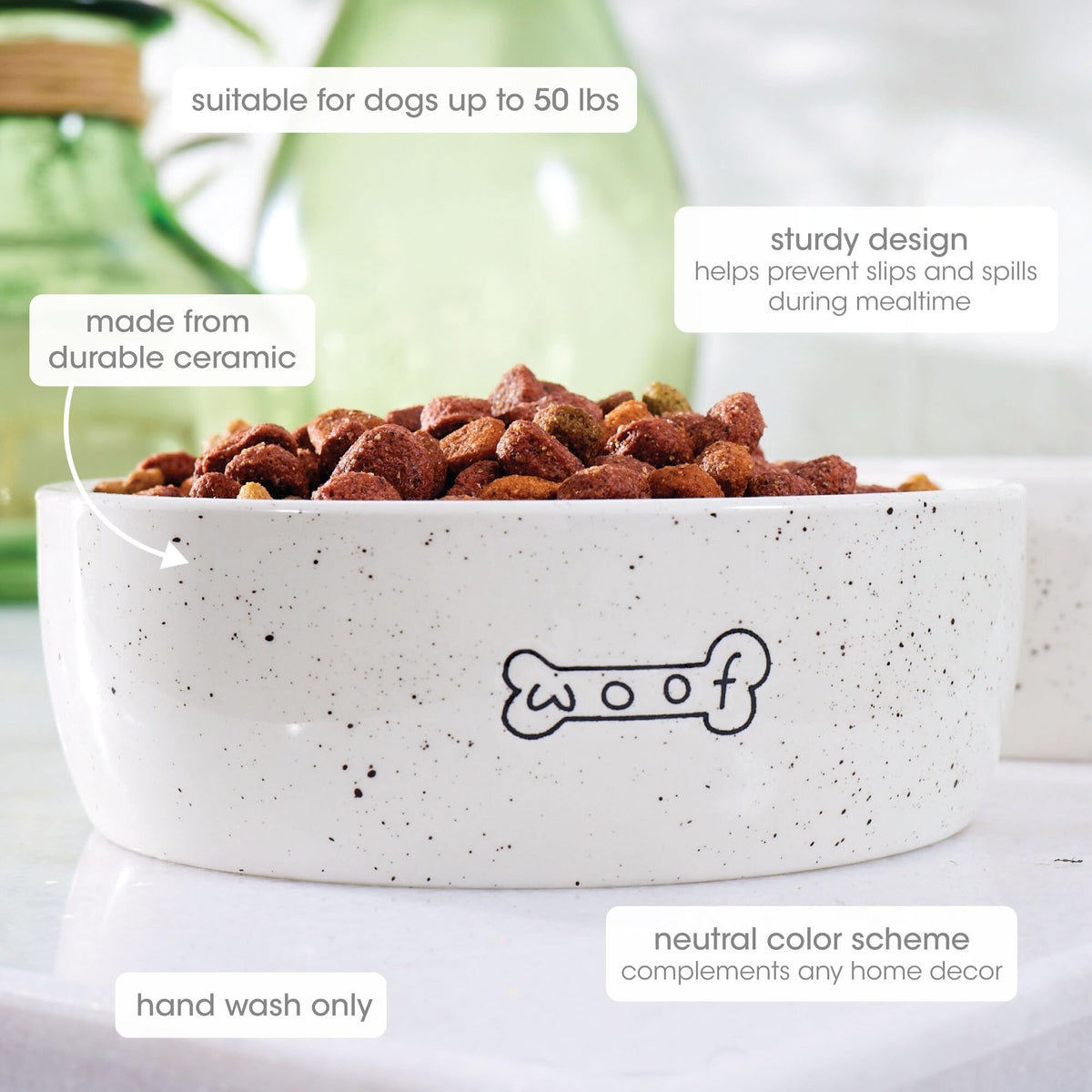 Pearhead Woof Ceramic Pet Bowl - 3 Cup Capacity | Dishwasher Safe | Microwave Safe