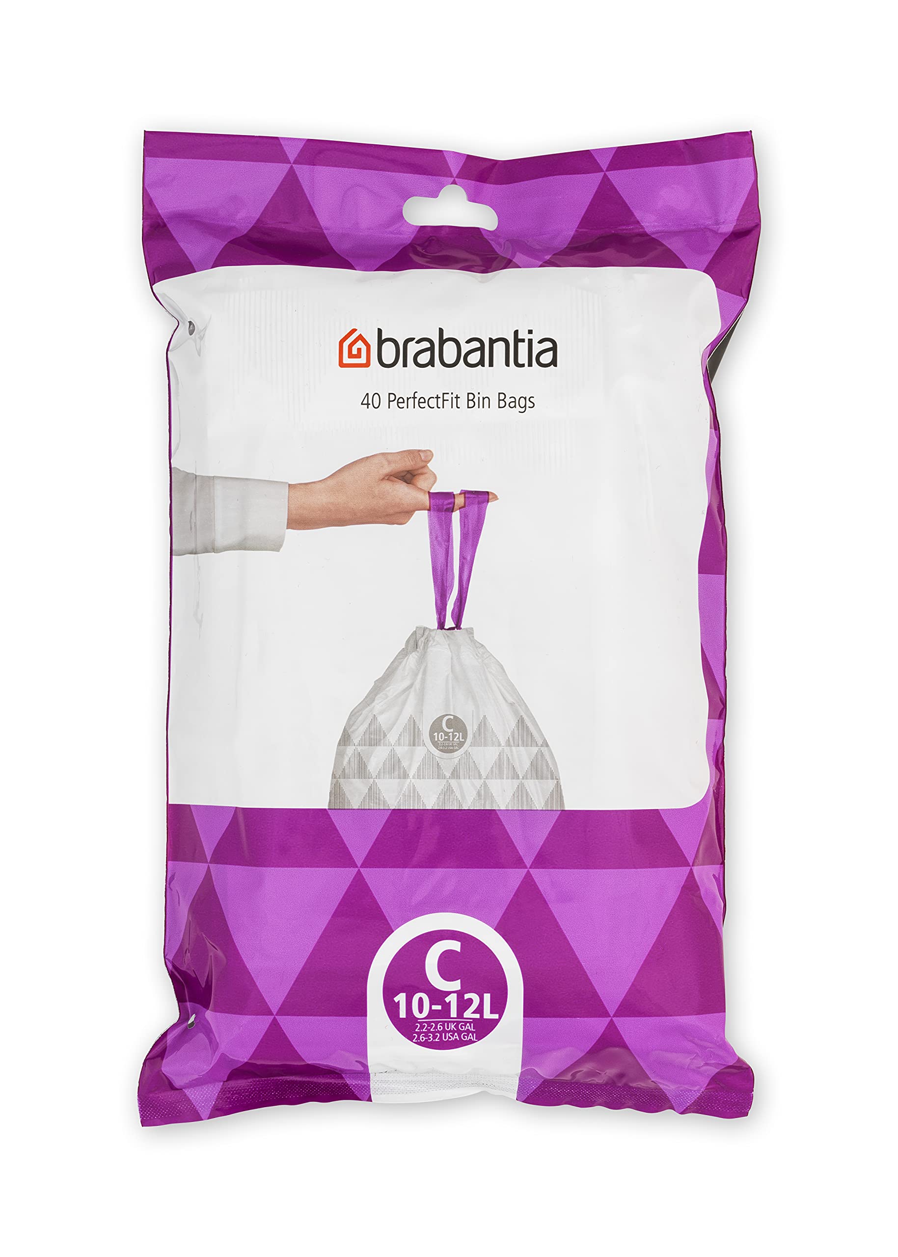 Brabantia PerfectFit Bin Liners - Code C | 10-12 Litre Capacity | 40 Count | White Plastic