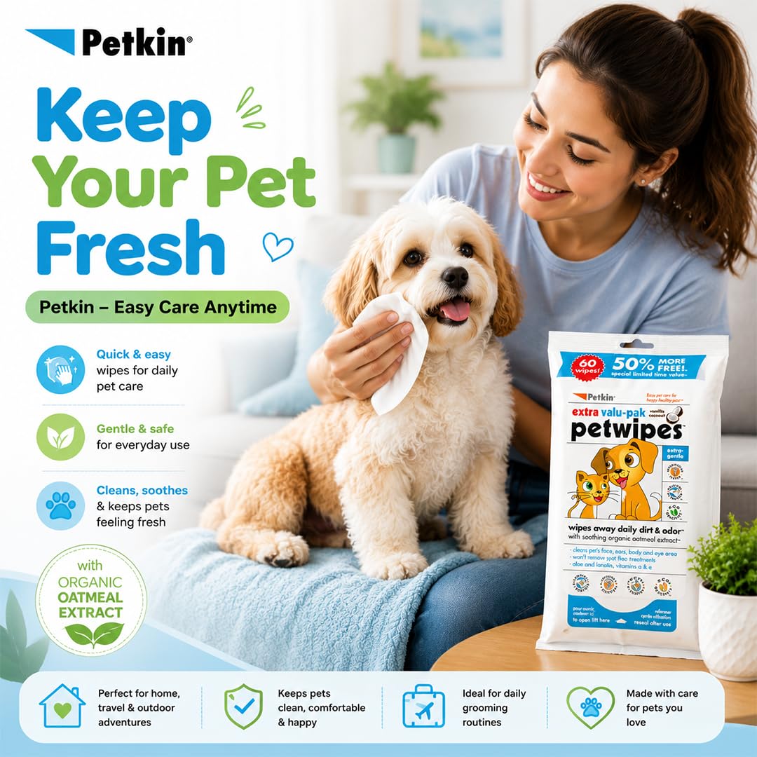 Petkin Eco Pet Wipes for Dogs and Cats - Gently Cleans Dirt & Odour | 60 Count 5