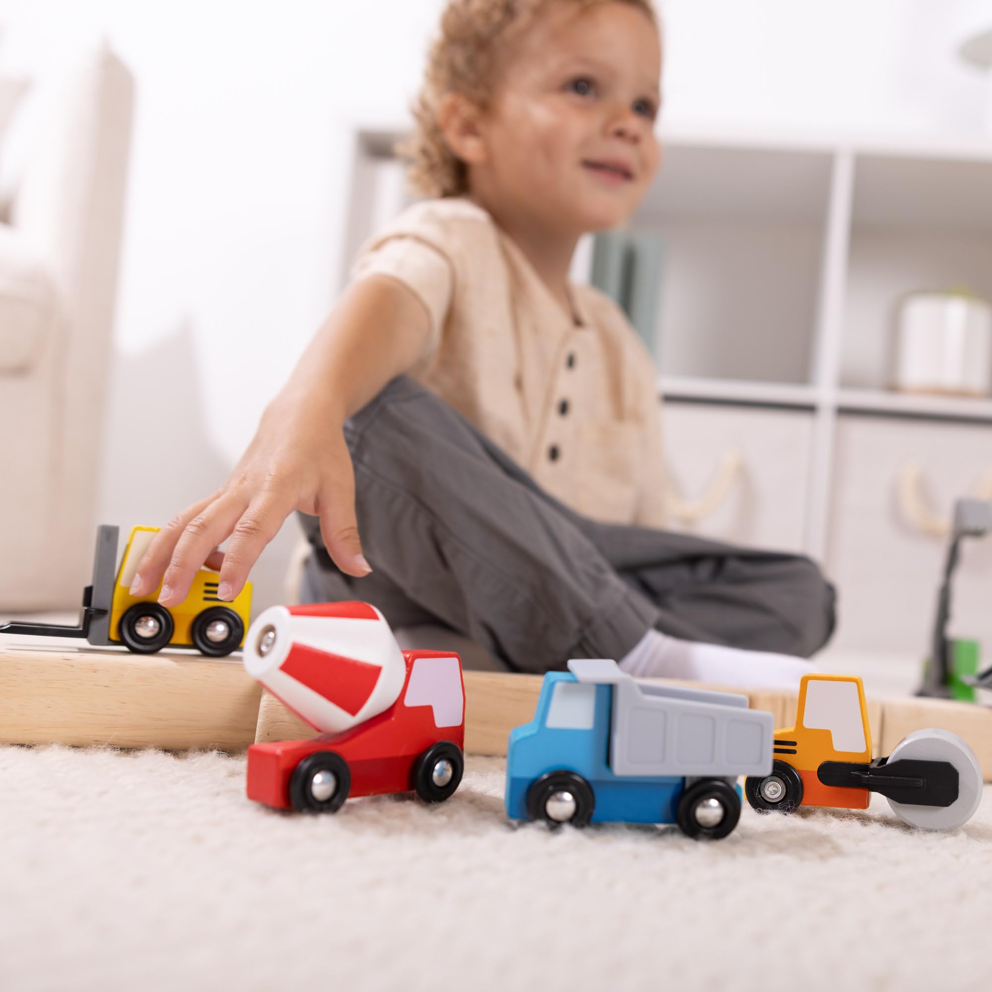 Melissa & Doug Wooden Construction Site Vehicles Playset - 7 Piece Set | Moving Parts | Ages 3-6 8