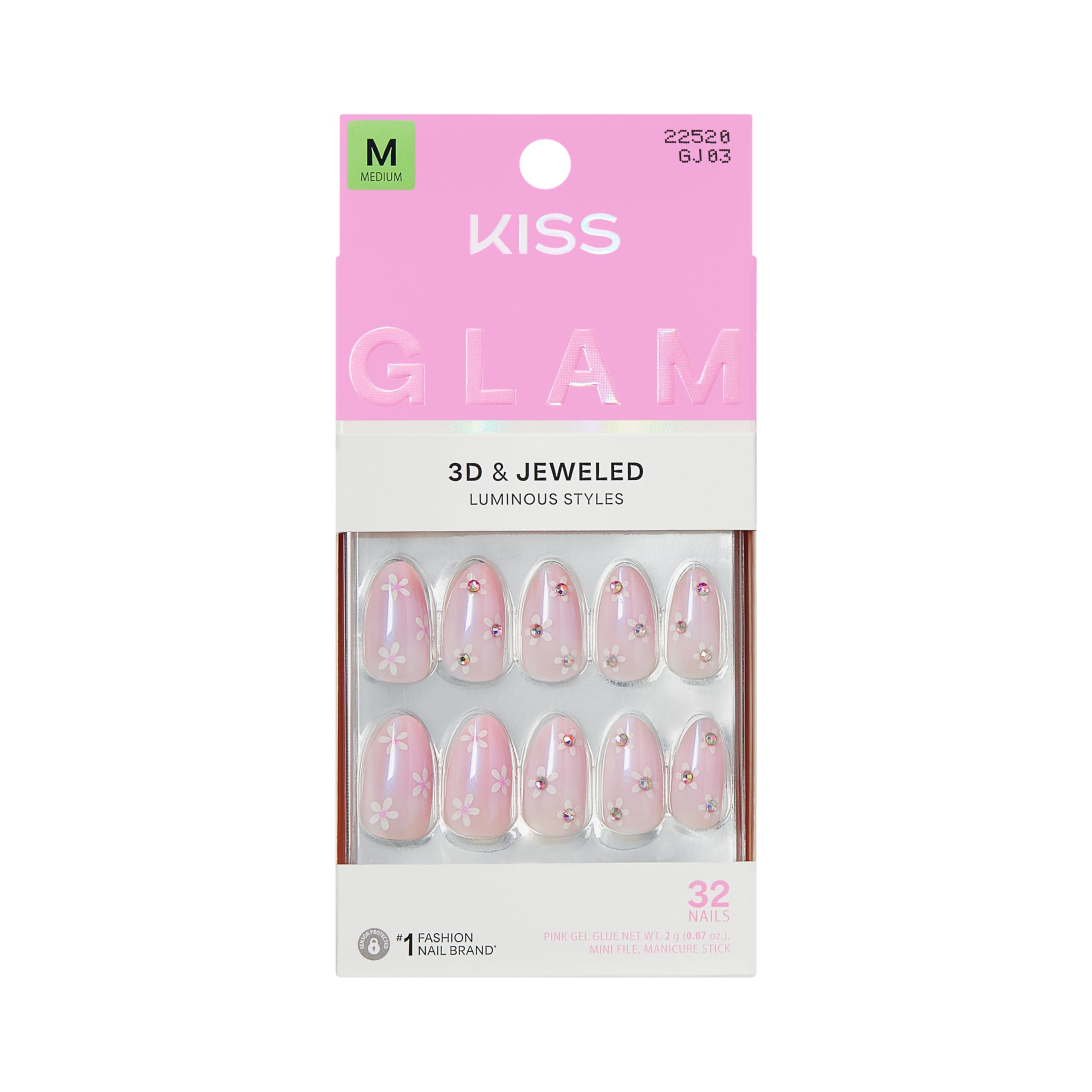 KISS GLAM JEWEL NAILS - Breeze of Bliss | White Almond Medium | 32 Nails