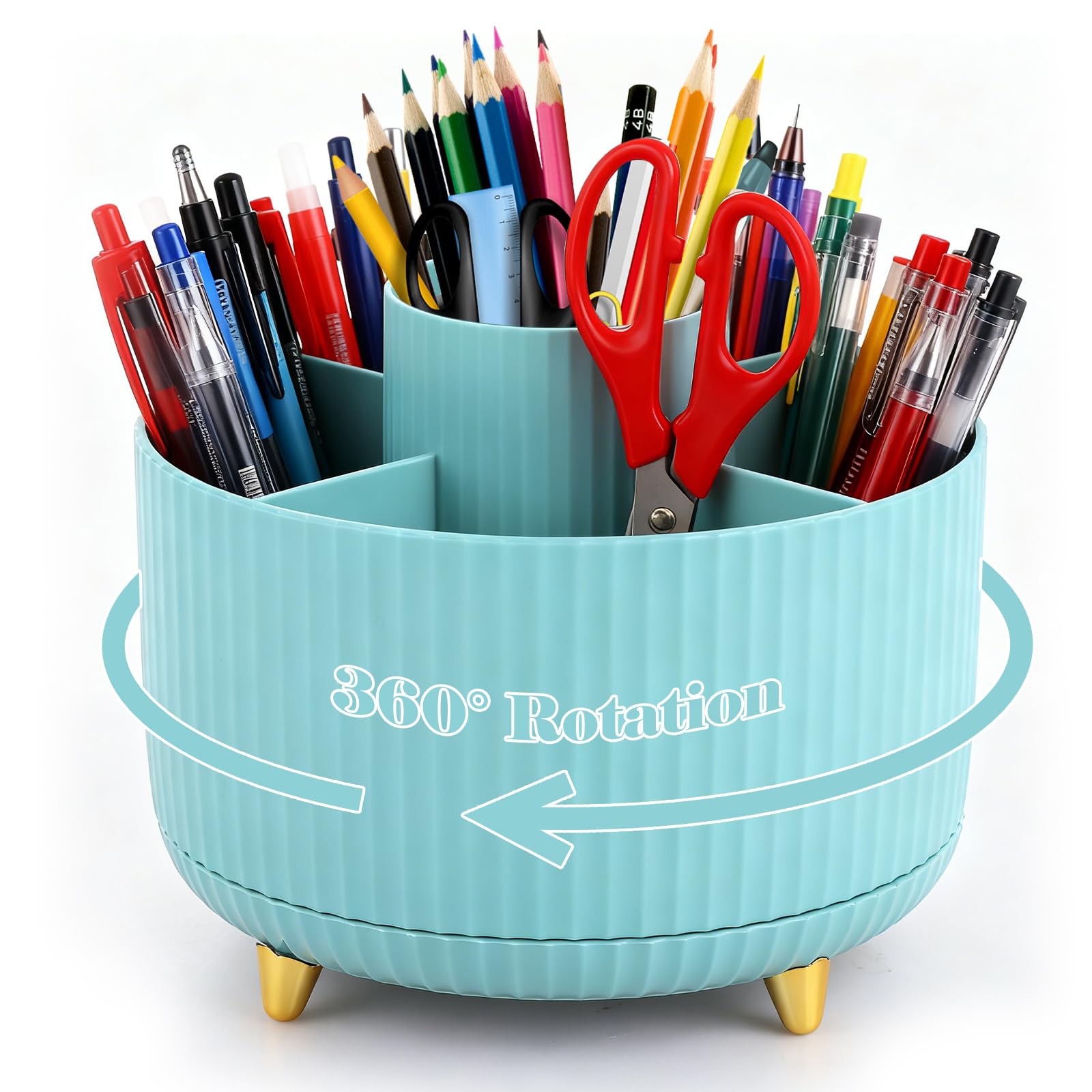 Lychico Desk Organiser - 360° Rotating Pencil Cup with 5 Compartments | Blue Plastic 1