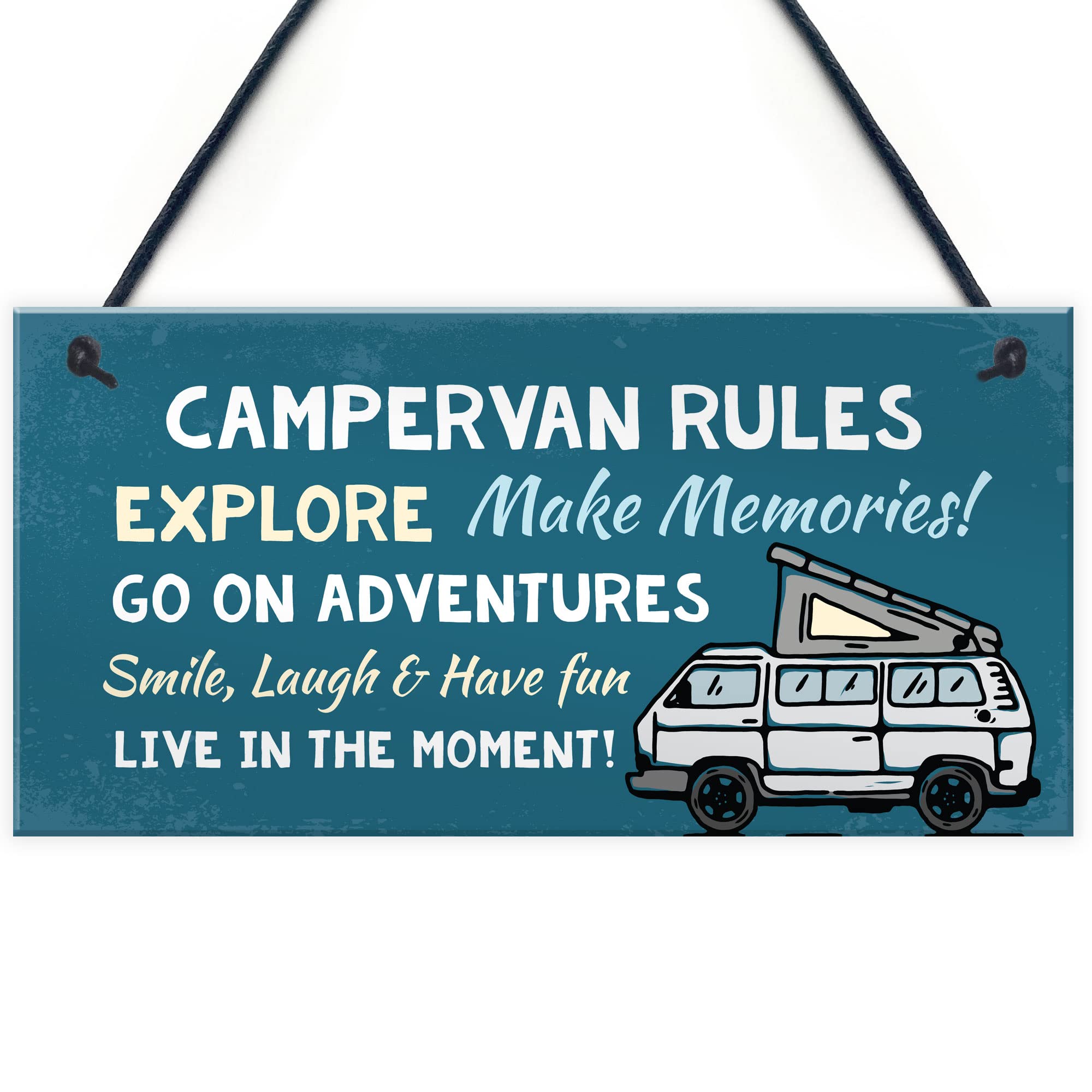 RED OCEAN Campervan Rules Hanging Door Plaque - Blue PVC | 200x100mm | Handmade in England