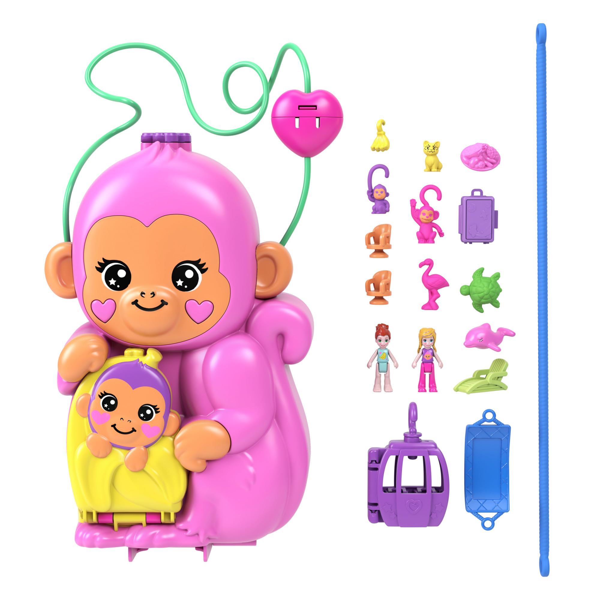 Polly Pocket Monkey Playset with 2 Micro Dolls, 2 Compacts, 3 Pets & 13 Accessories | Ages 4+