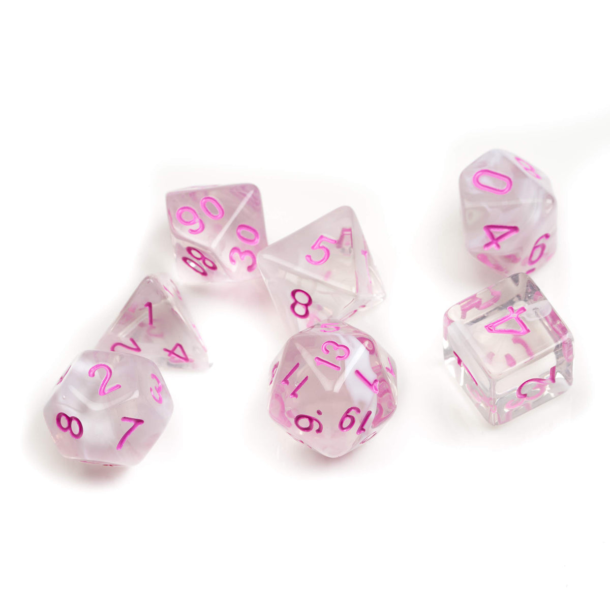 Sirius Dice White Cloud & Pink Ink Polyhedral Dice Set - 7 Pieces, Acrylic
