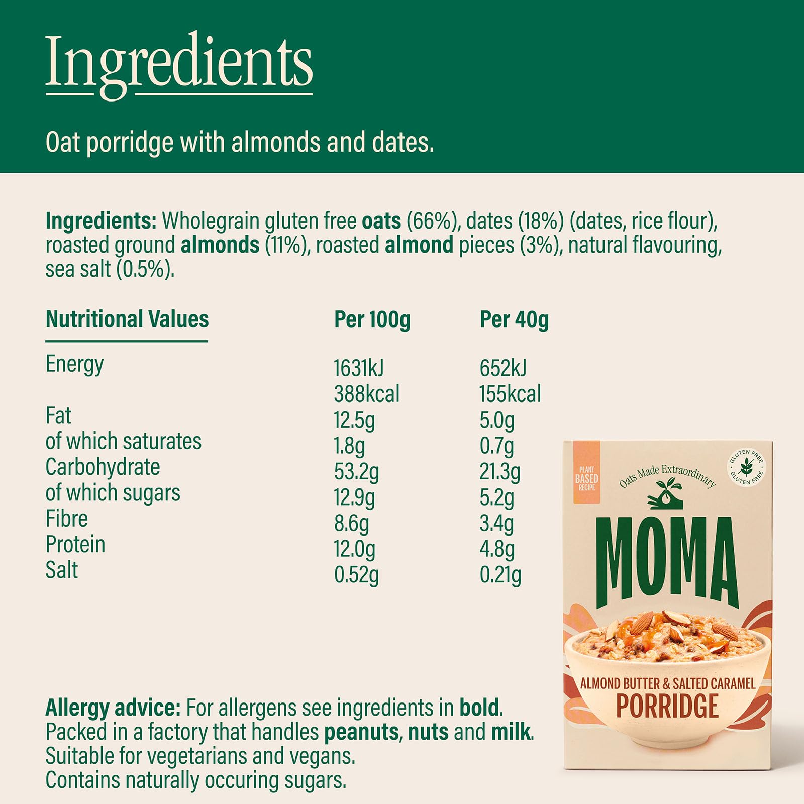 MOMA Almond Butter & Salted Caramel Porridge Sachets - 6 x 40g 5