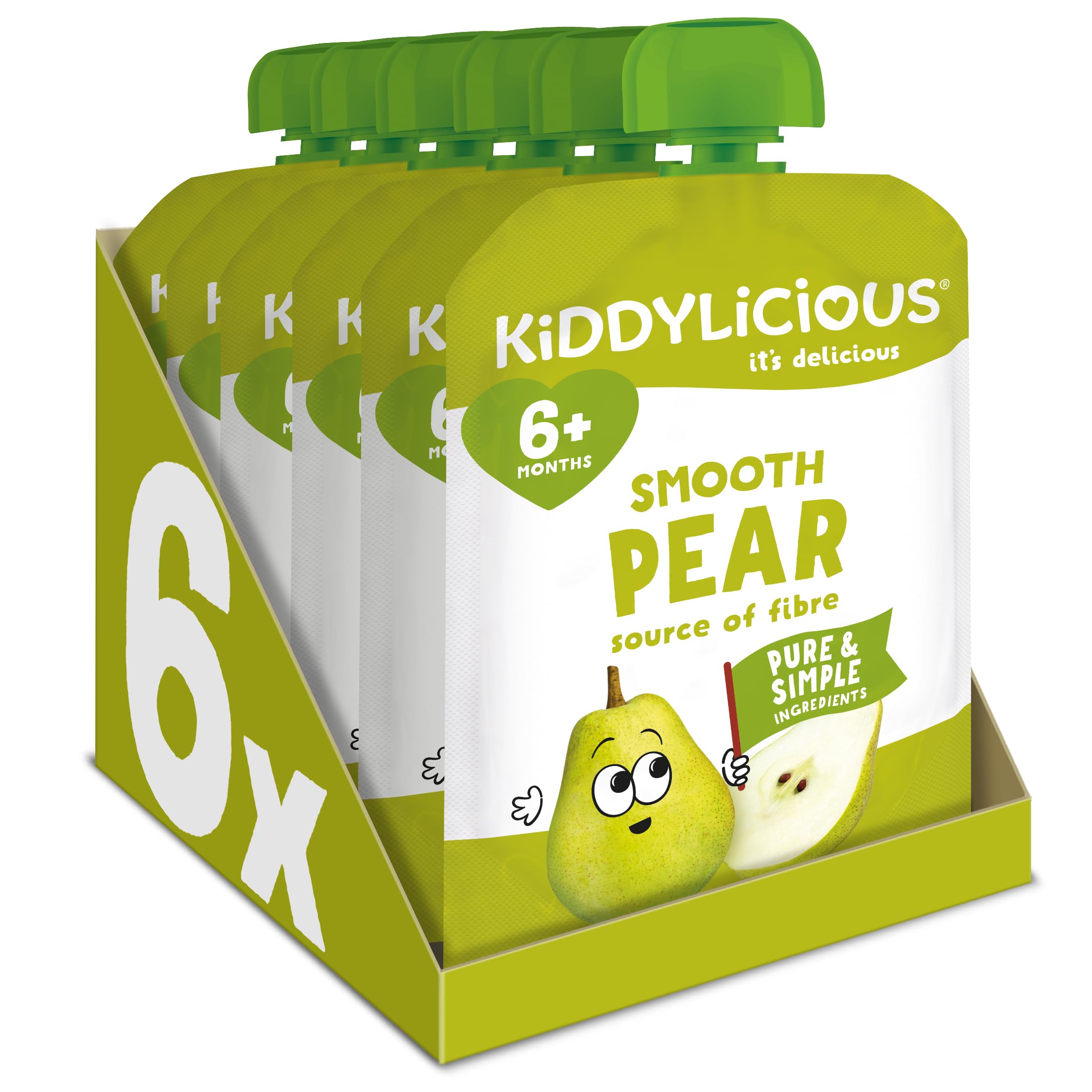 Kiddylicious Smooth Pear Fruit Pouches - 6 Pack | Suitable for 6+ Months | 100g Each 1