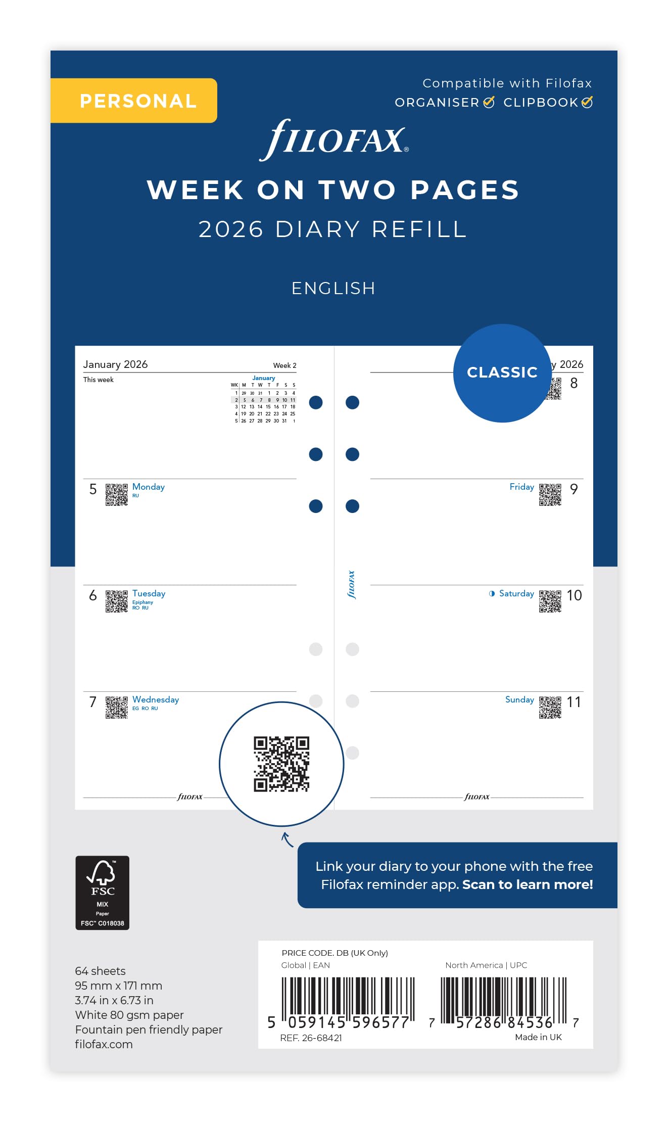 Filofax Personal 2026 Diary Refill - Week on Two Pages | 95mm x 171mm | English