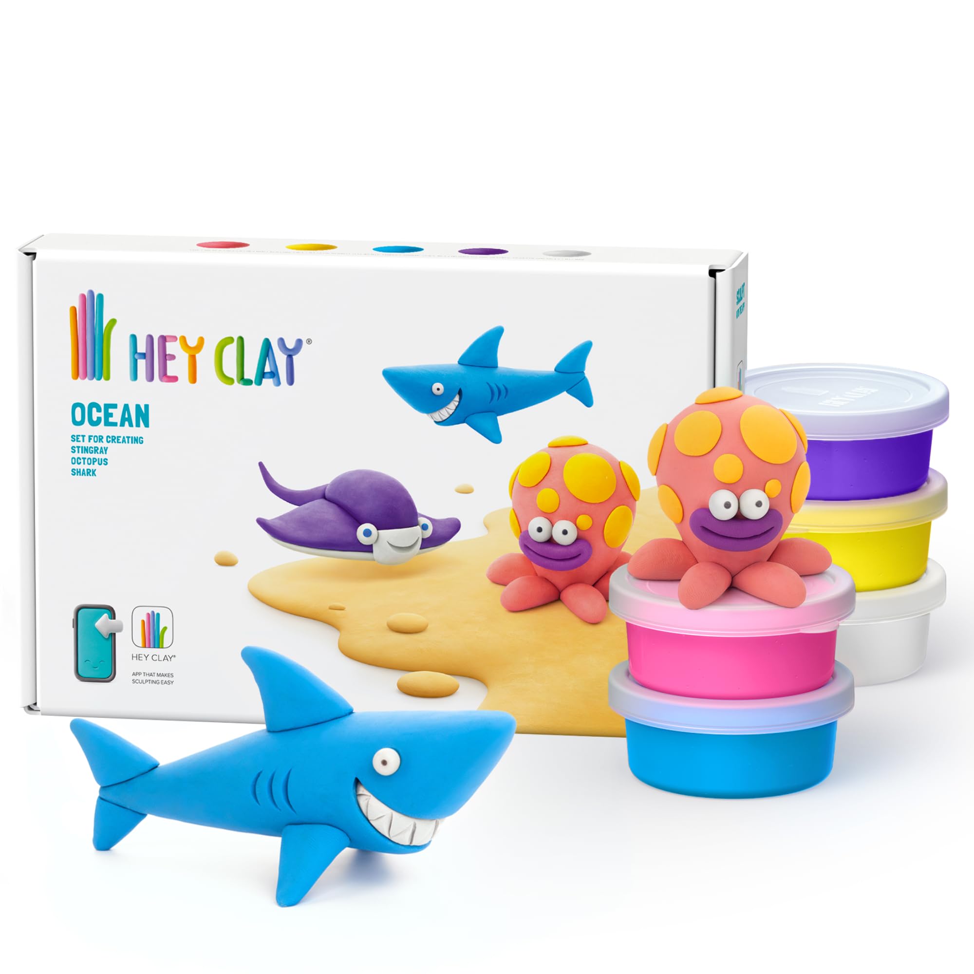 HEY CLAY Ocean Set: Shark, Octopus, Stingray Modeling Clay Kit | Air Dry | Interactive App 1