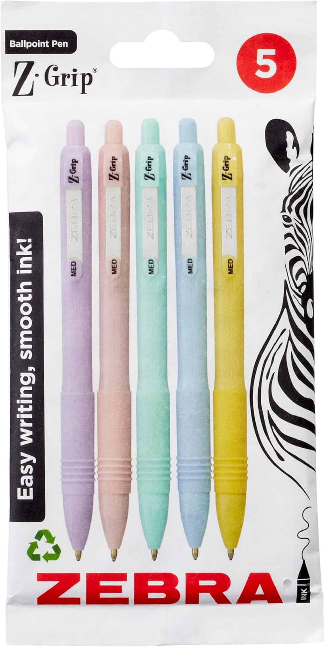 Zebra Pen Z-GRIP Smooth Ballpoint Pens Black Ink 5pk - Pastel Barrel 1mm Me