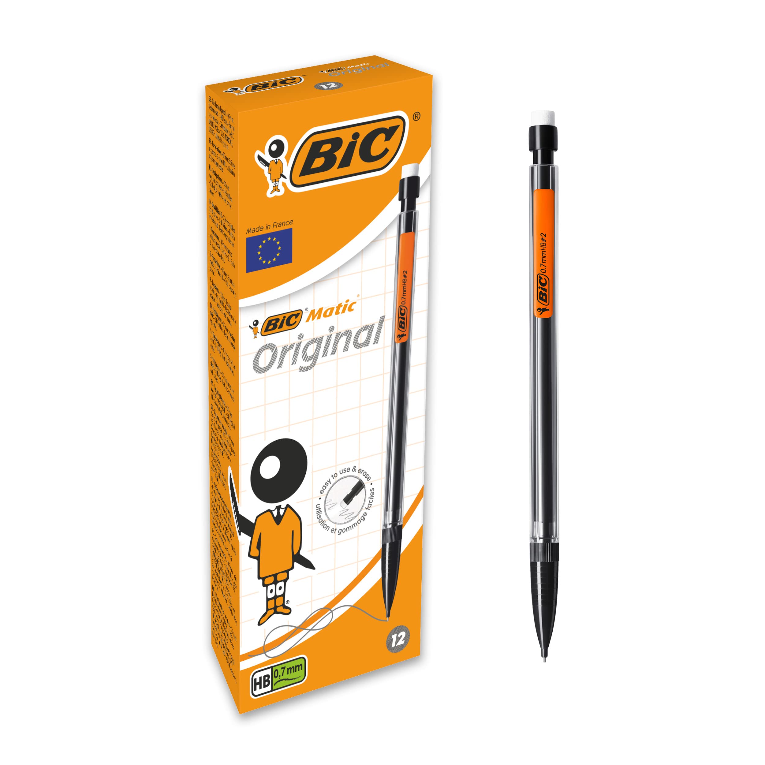 BIC Matic Original Mechanical Pencils - 0.7mm HB Lead, Pack of 12 | Includes Eraser & Refills