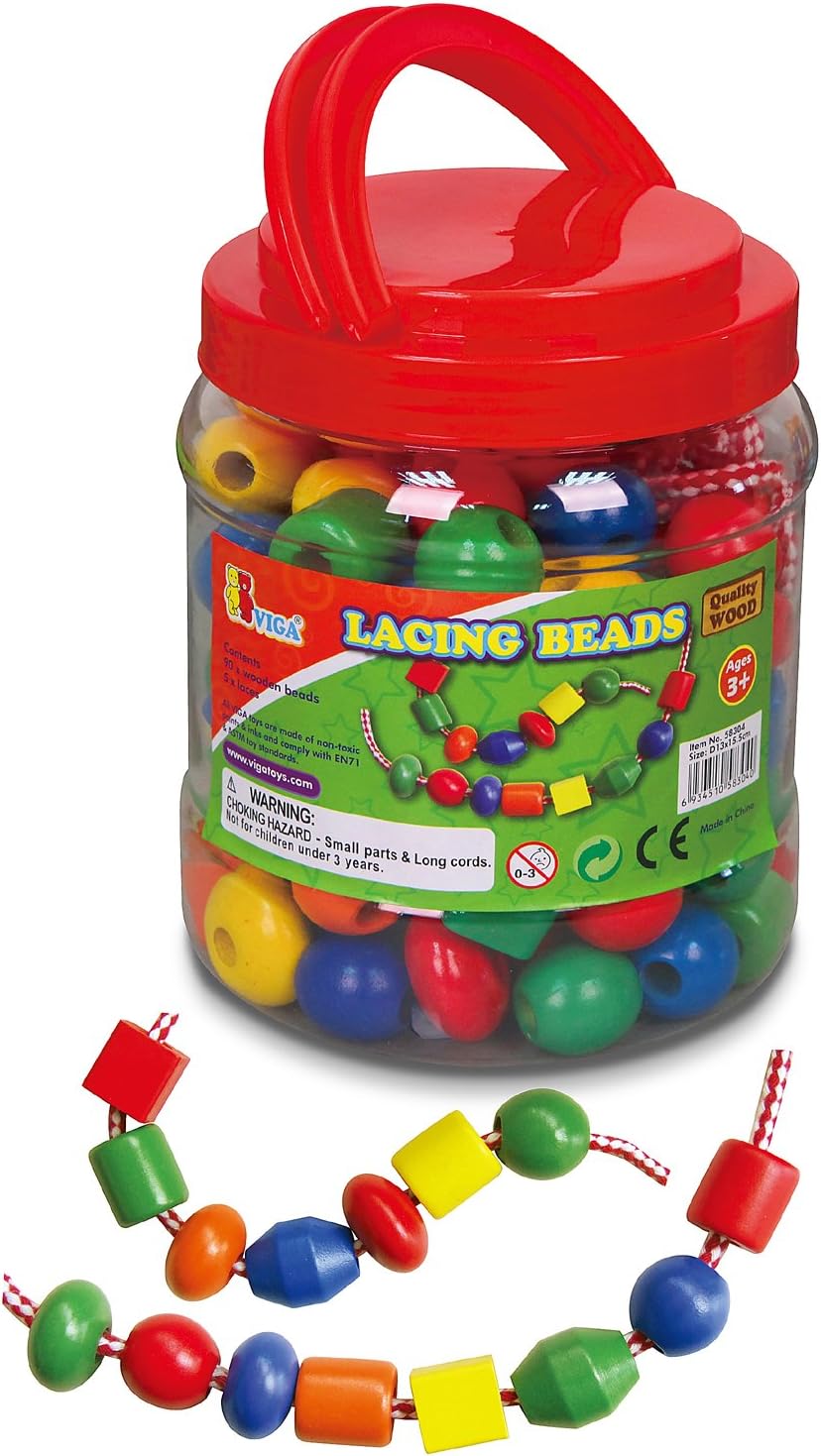 Viga Wooden Jumbo Lacing Beads Tub - Educational Threading Toy for Kids 3+
