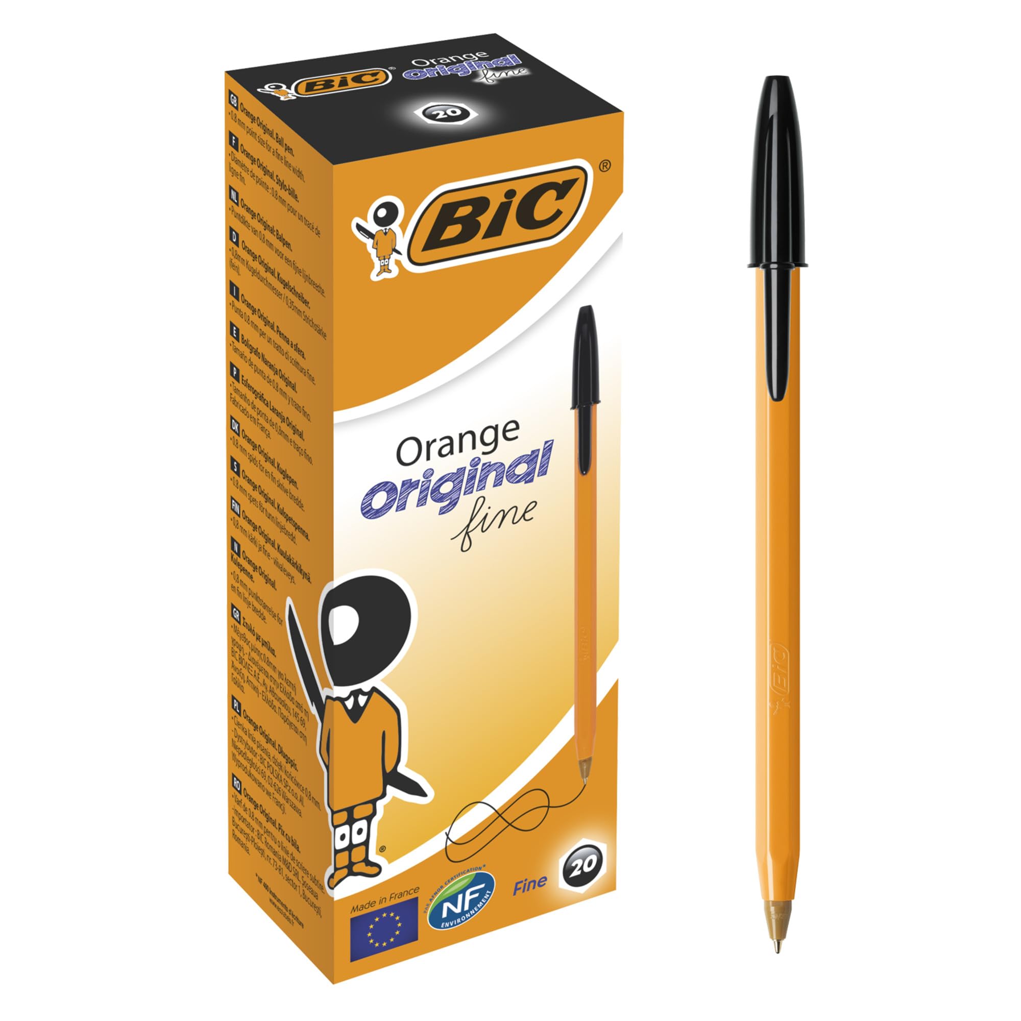 BIC Orange Fine Ballpoint Pens - Black Ink, 0.2mm Fine Point, Box of 20 | Long Lasting & Smudge Free