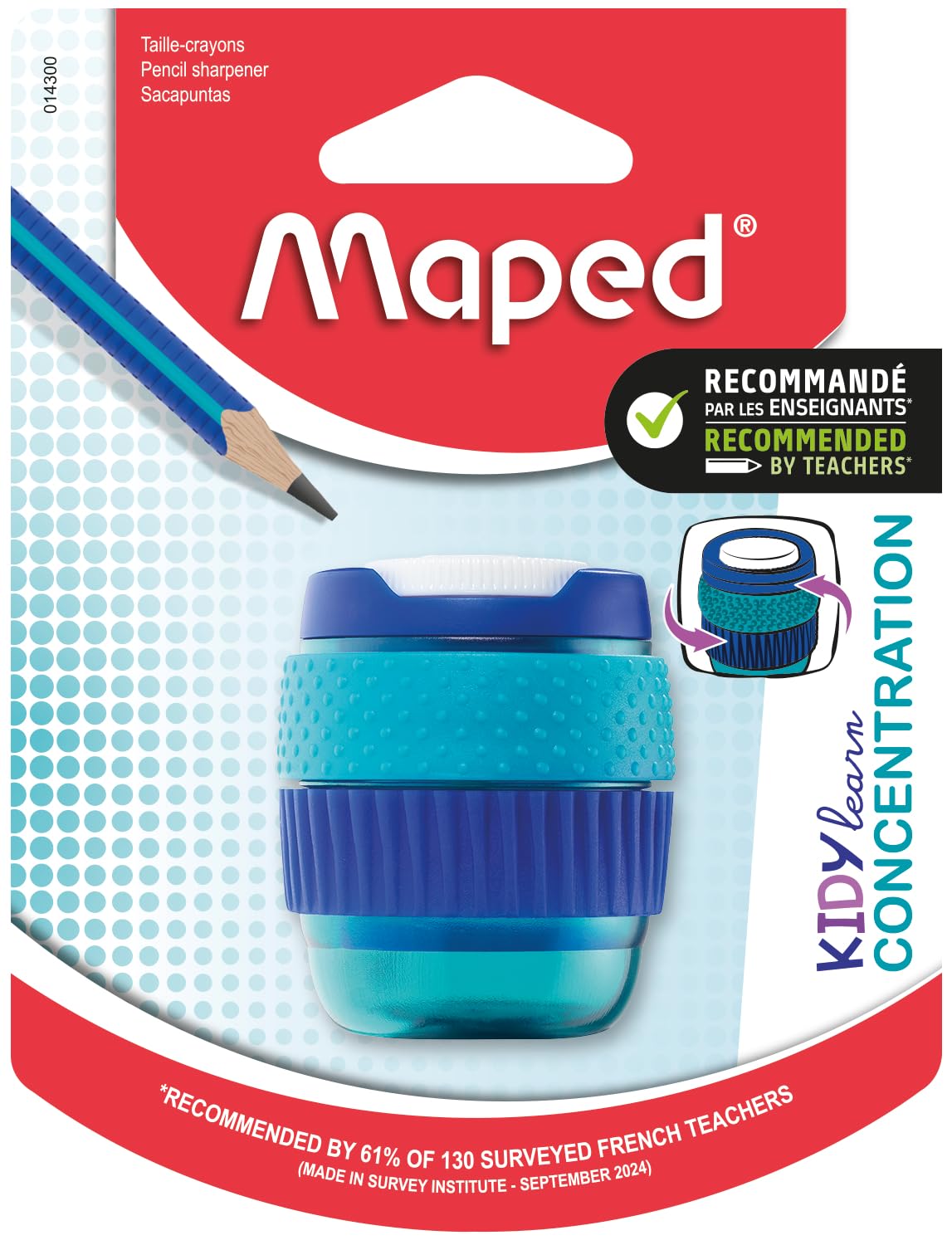 Maped Kidy Learn Concentration 1 Hole Pencil Sharpener - Sensory Rotating Rings, Soft Grip, Blue