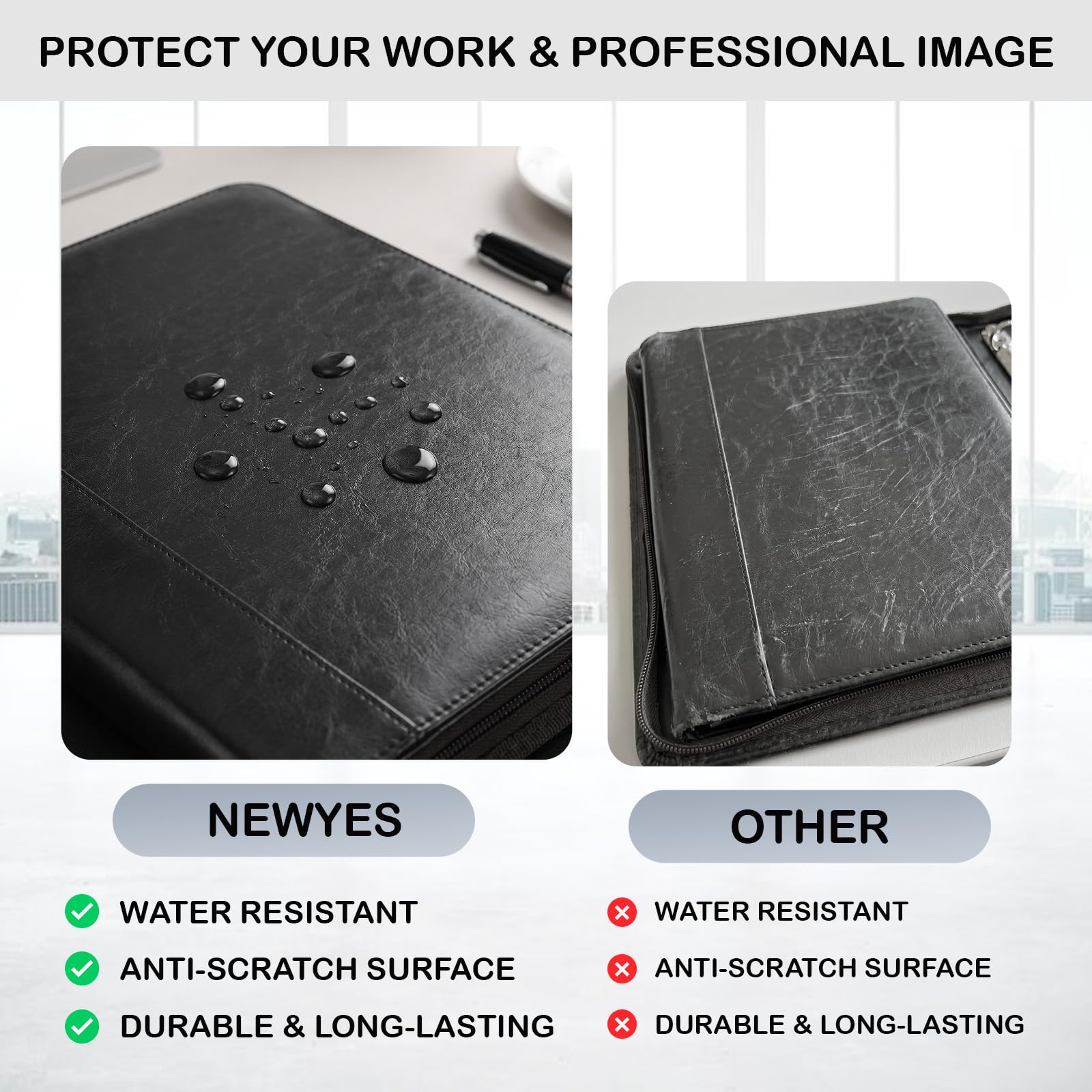 NEWYES A4 Zippered PU Leather Travel Portfolio - Black, Waterproof | 5 Card Slots, Pen Holder 3