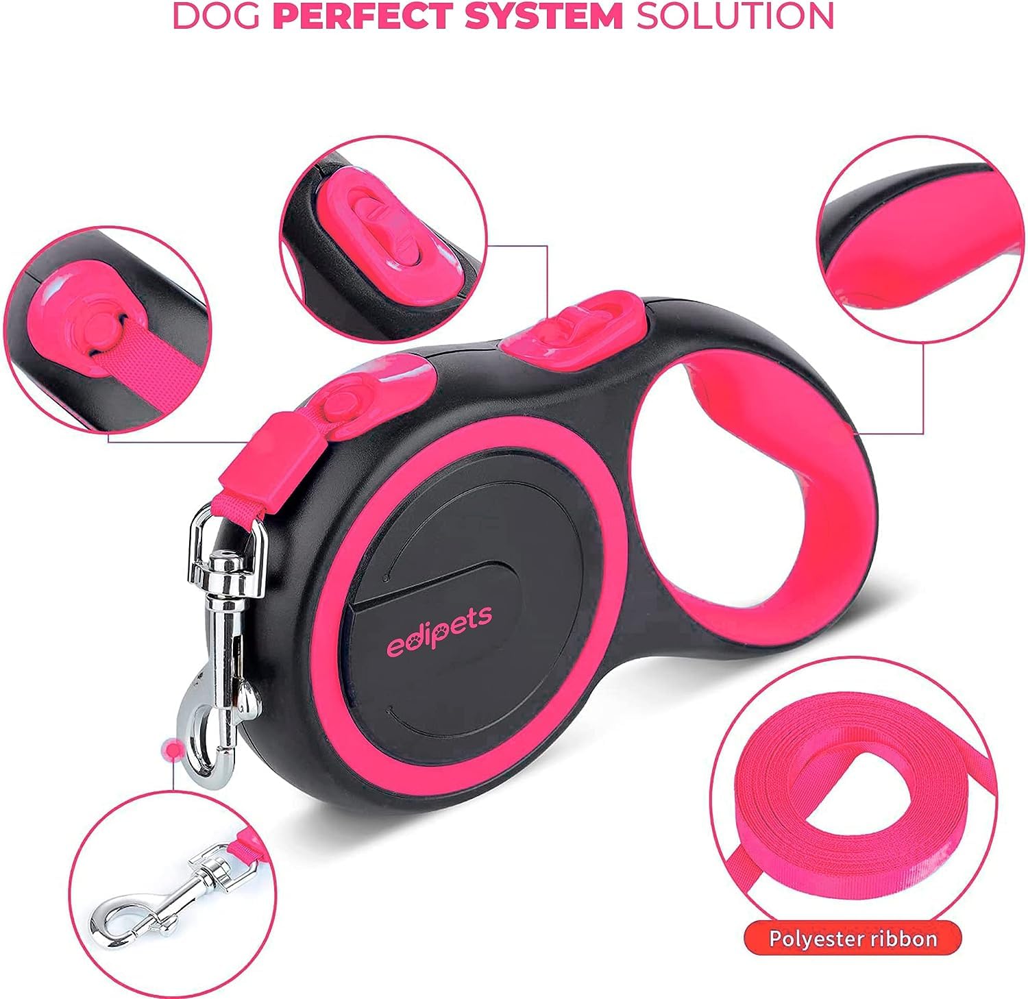Edipets Extendable Dog Leash - Retractable Nylon Lead | 8 Metres | Pink 2