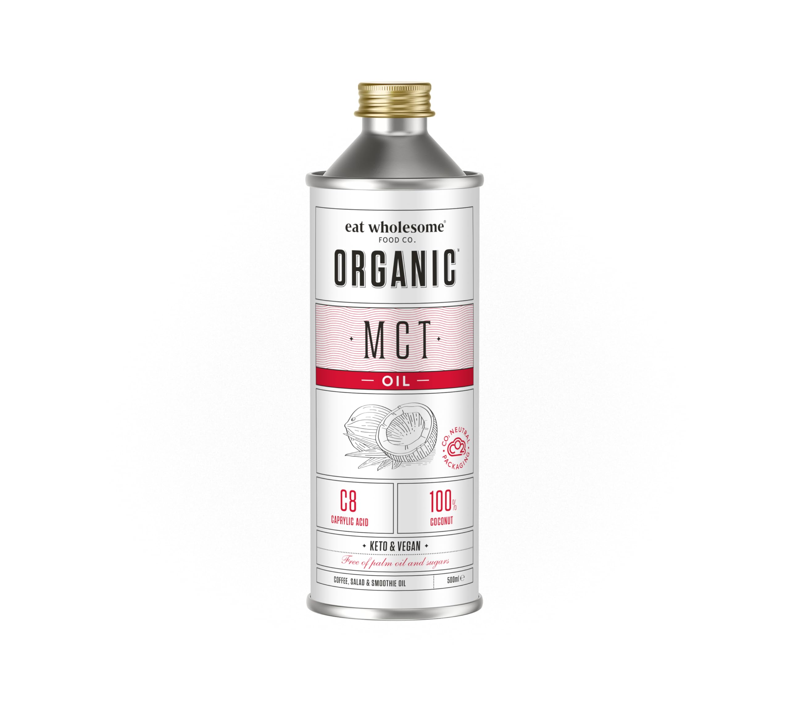 Eat Wholesome Bio-MCT-Öl 500 ml – Hoher C8- und C10-Gehalt, 100 % Kokosnuss, Keto- und veganfreundlich, CO2-neutral
