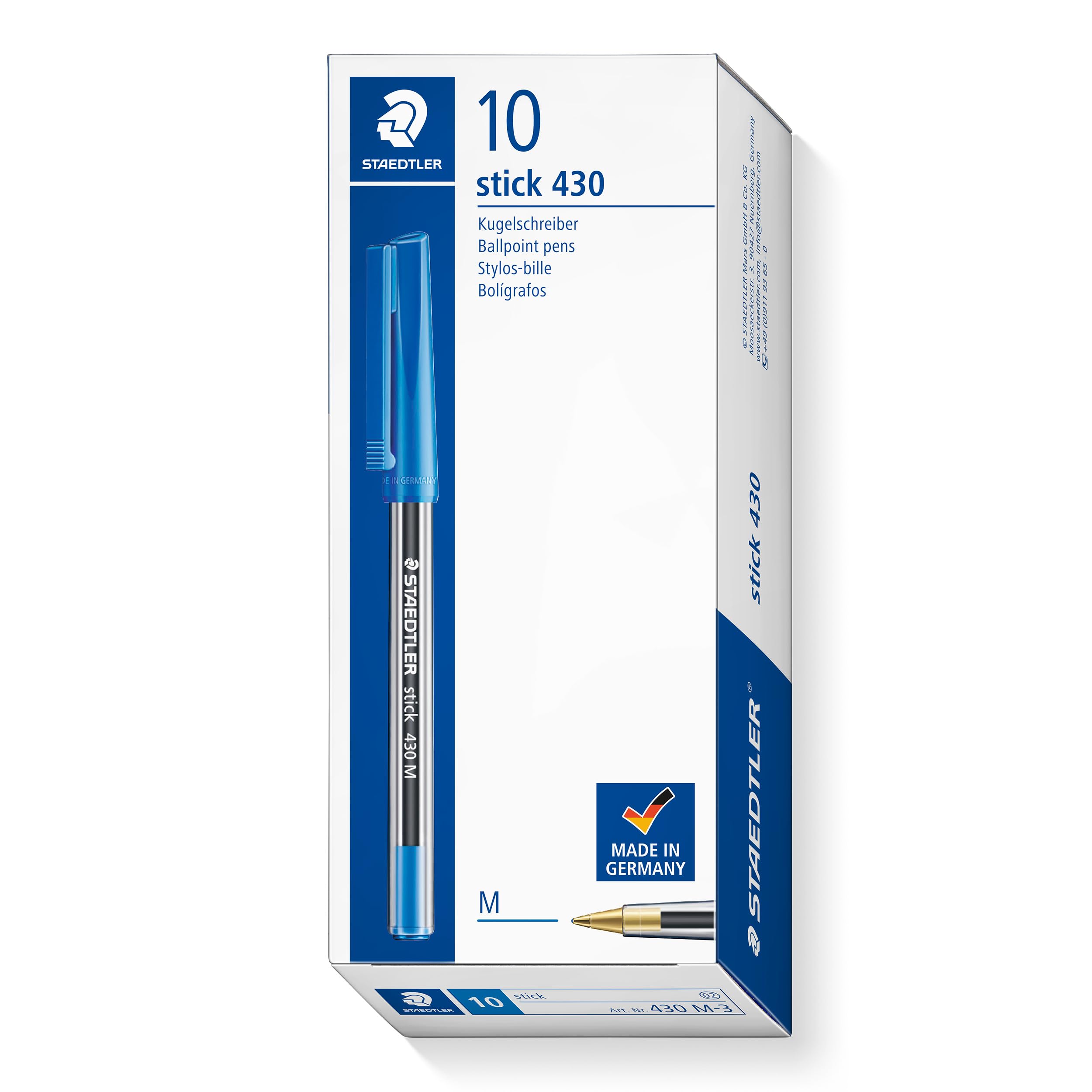 STAEDTLER Stick 430 Ballpoint Pens - Medium Point, Blue Ink | Box of 10 | Airplane Safe 1