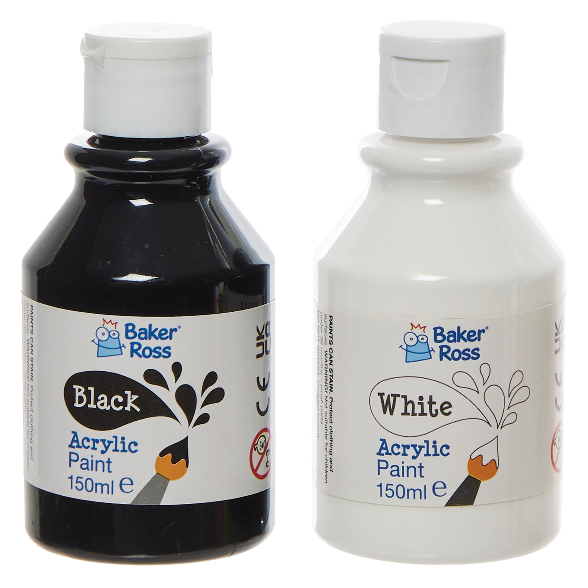 Baker Ross Black & White Acrylic Paint Pack - 4 x 150ml Bottles, Water-Based Washable Paint 1