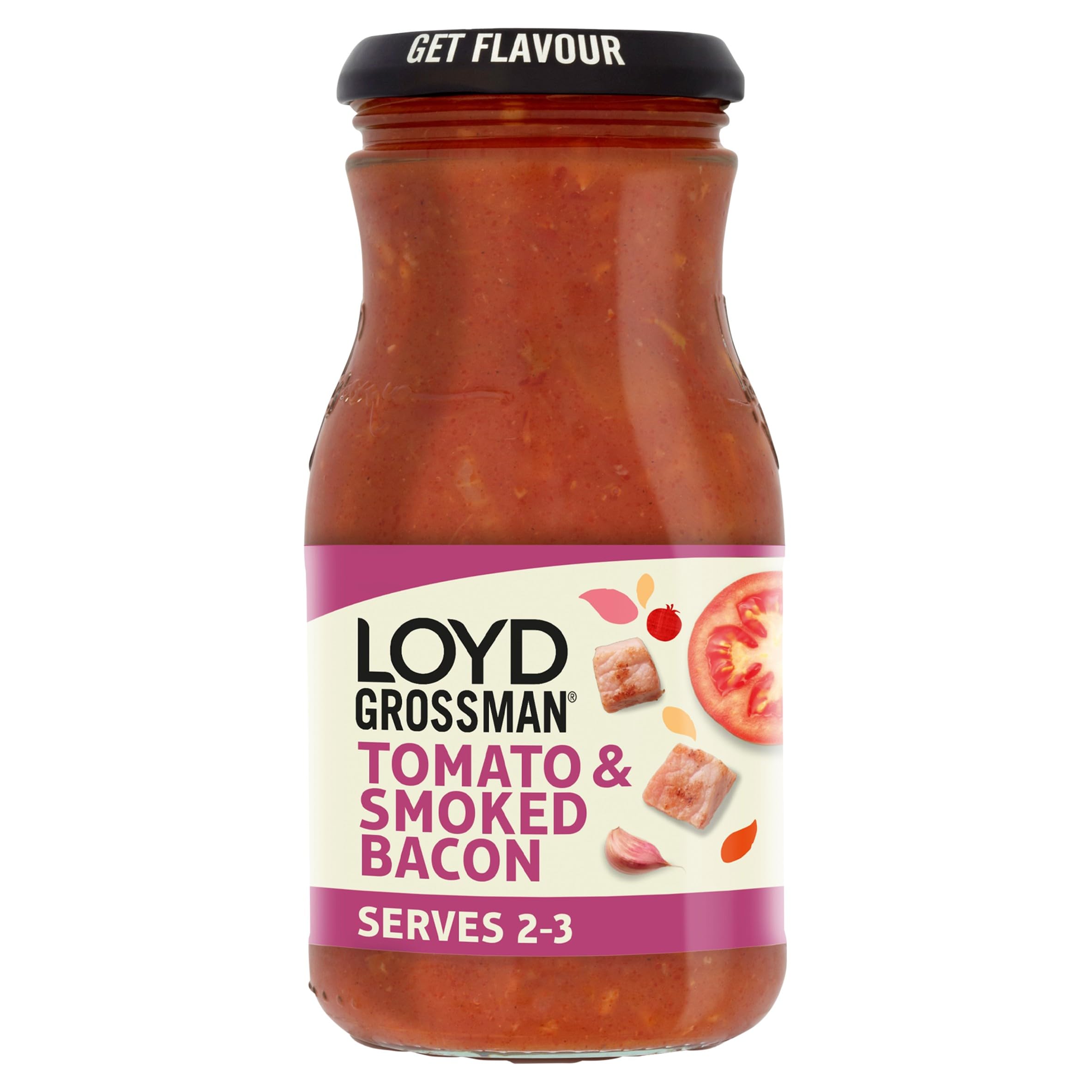 Loyd Grossman Italienische Tomaten- und Räucherspecksauce – Reichhaltige Tomatenbasis mit Räucherspeck und roter Chili, 350 g