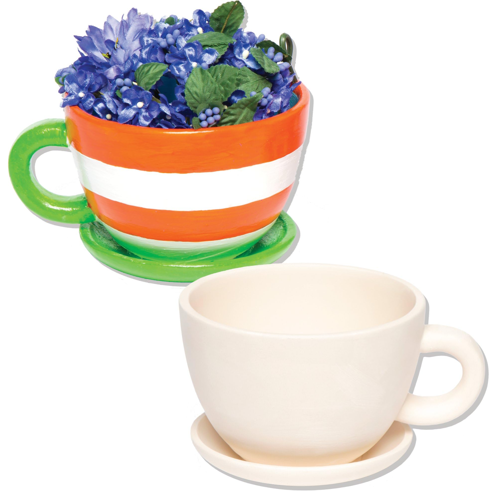 Baker Ross Paint Your Own Cup and Saucer Ceramic Plant Pots - Pack of 2 | Paintable Ceramic | Assorted Colors