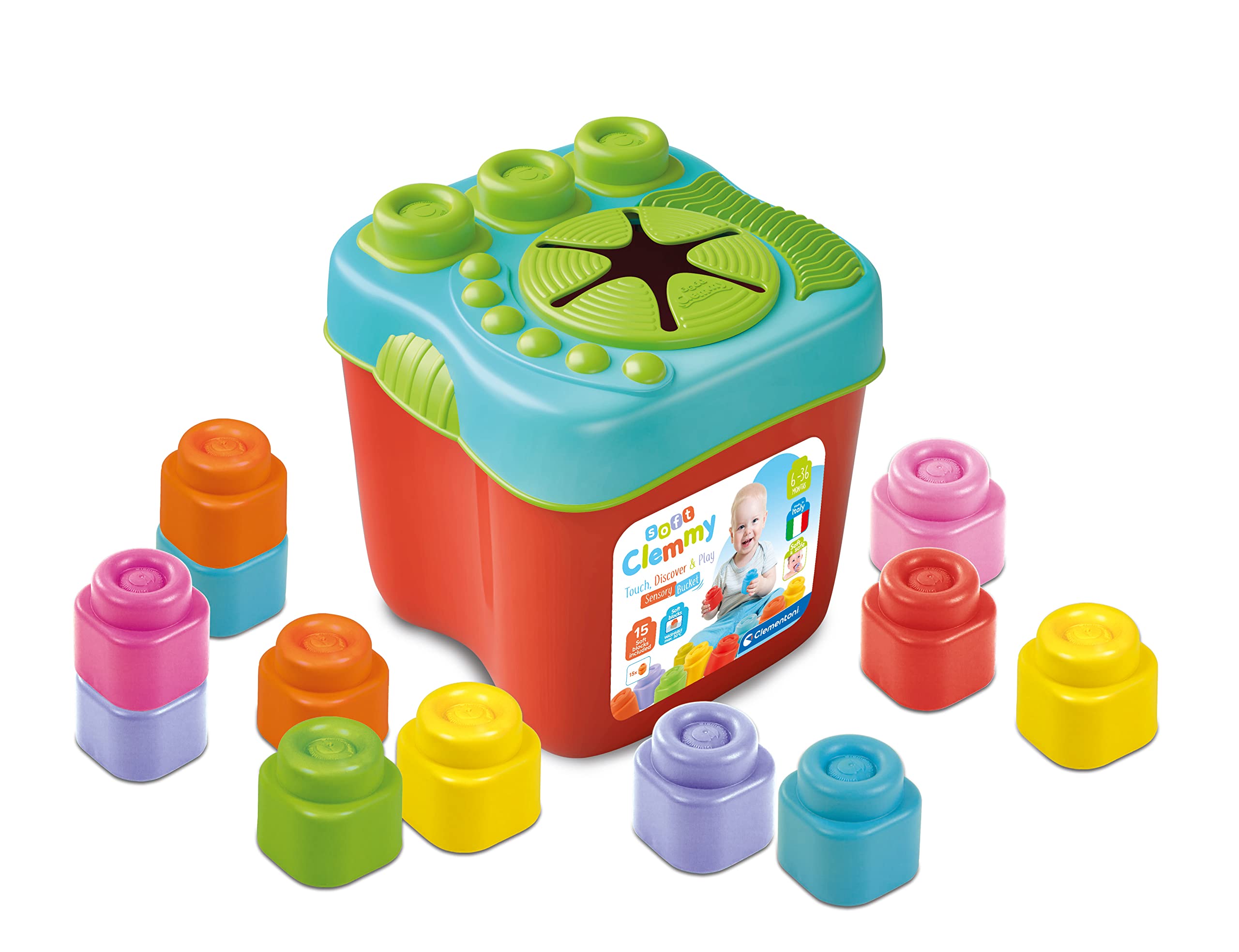 Clementoni Clemmy Sensory Bucket with Soft Blocks - 15 Pieces | Ages 6-36 Months | Multi-color