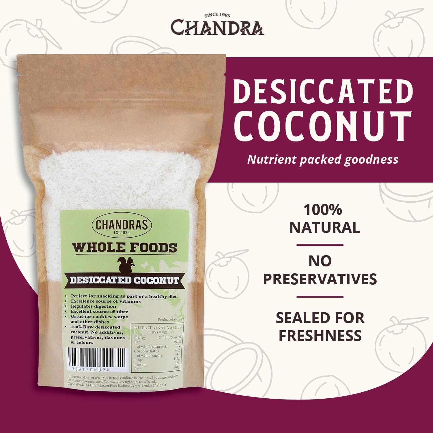 CHANDRA Desiccated Coconut Flakes - 1KG Low-GI, Gluten-Free, Vegan | Keto & Paleo Friendly