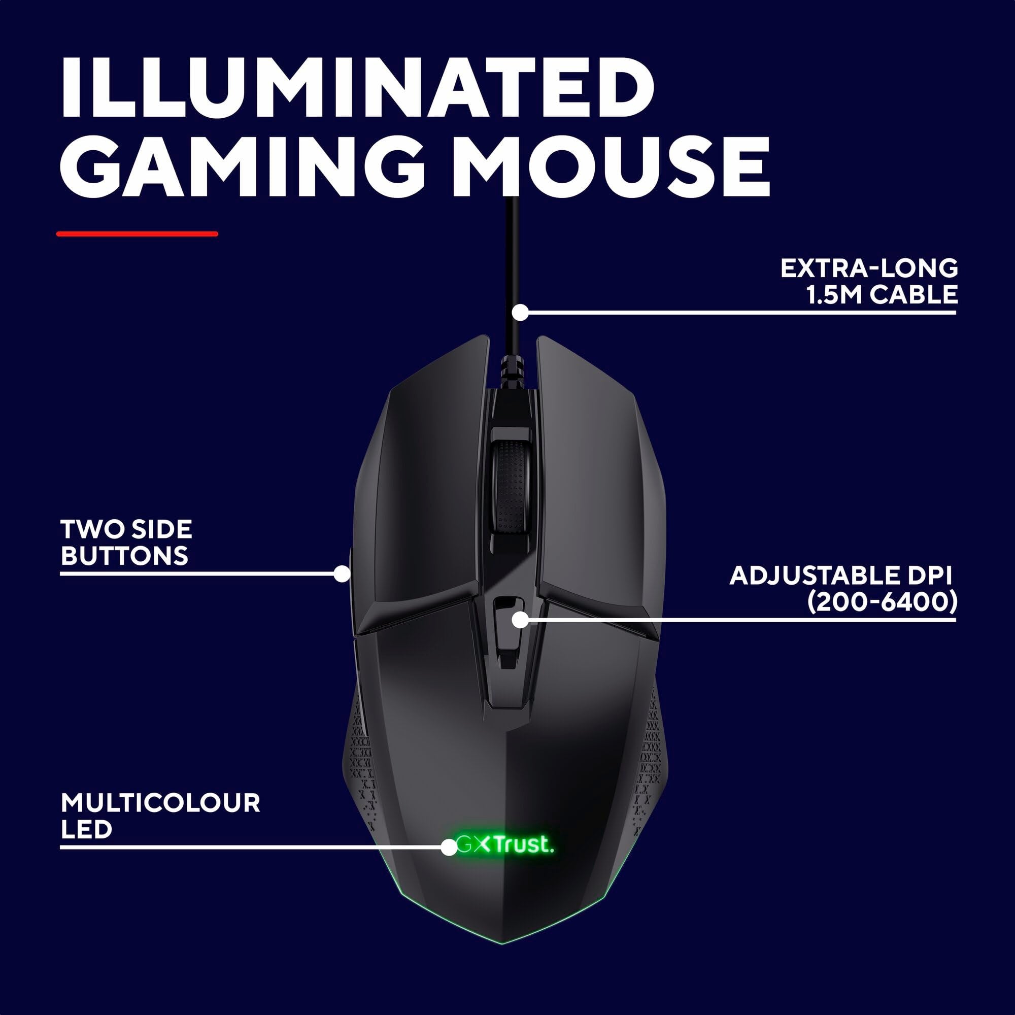 Trust Gaming GXTrust 1109 Vylax Gaming Mouse - 6 Programmable Buttons, 200-6400 DPI, RGB LED Lighting, 1.5m Cable, Black 7