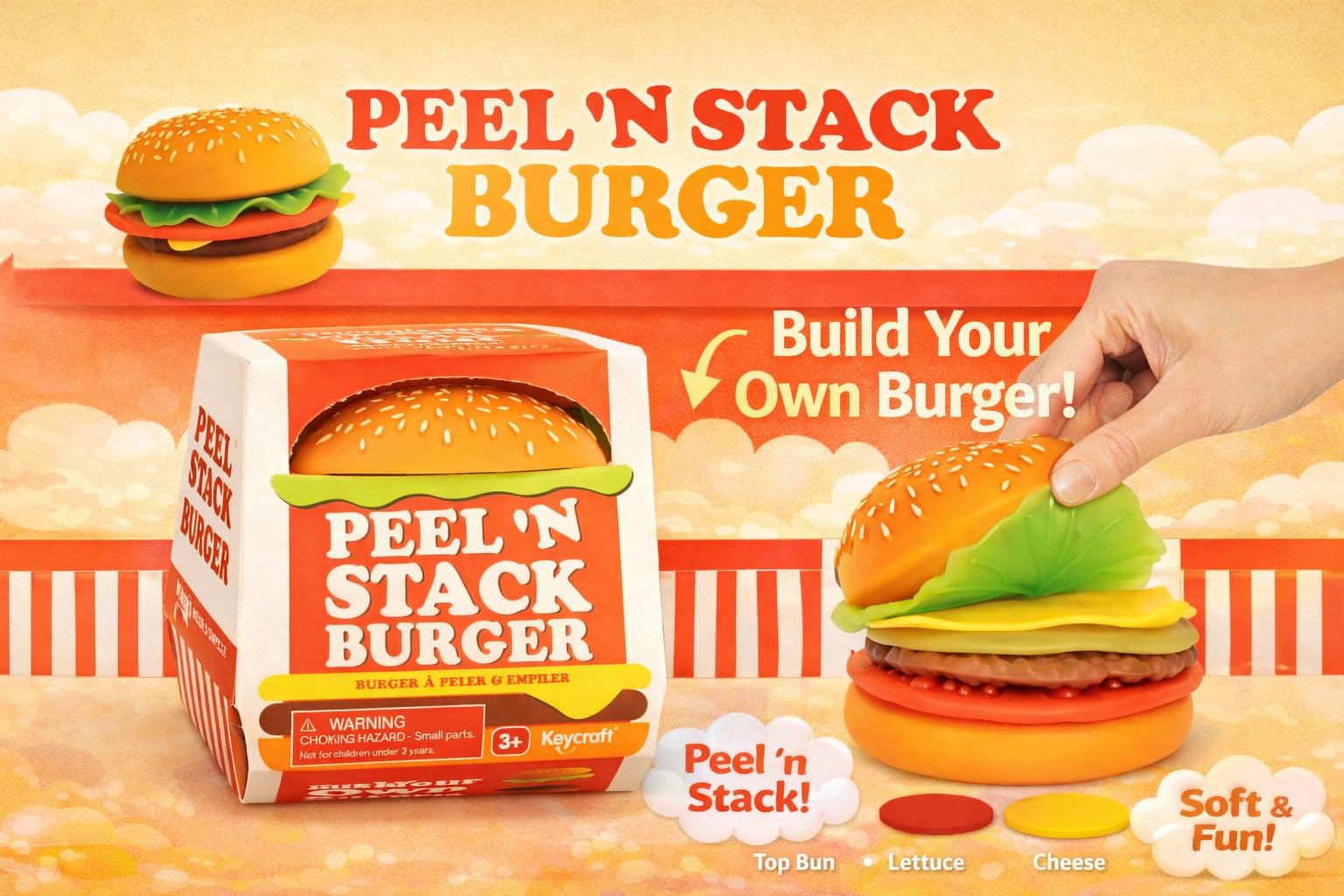 Keycraft Jumbo Peel and Play Burger Squishy Toy - Slow-Rising Foam, Sensory Relief, Ages 3+ 4