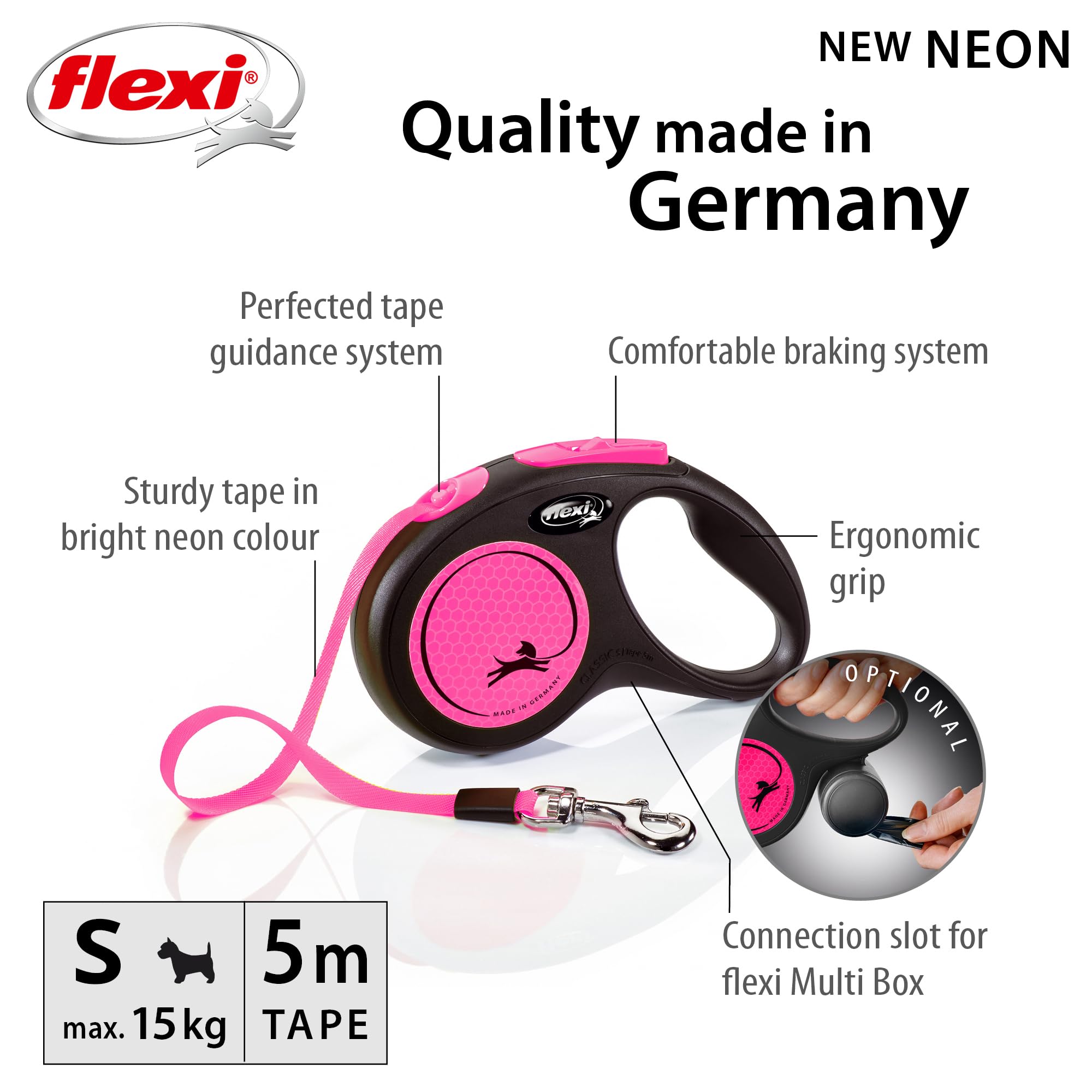 flexi Neon Tape Retractable Dog Lead - 5m Length | Max 15kg | Neon Pink